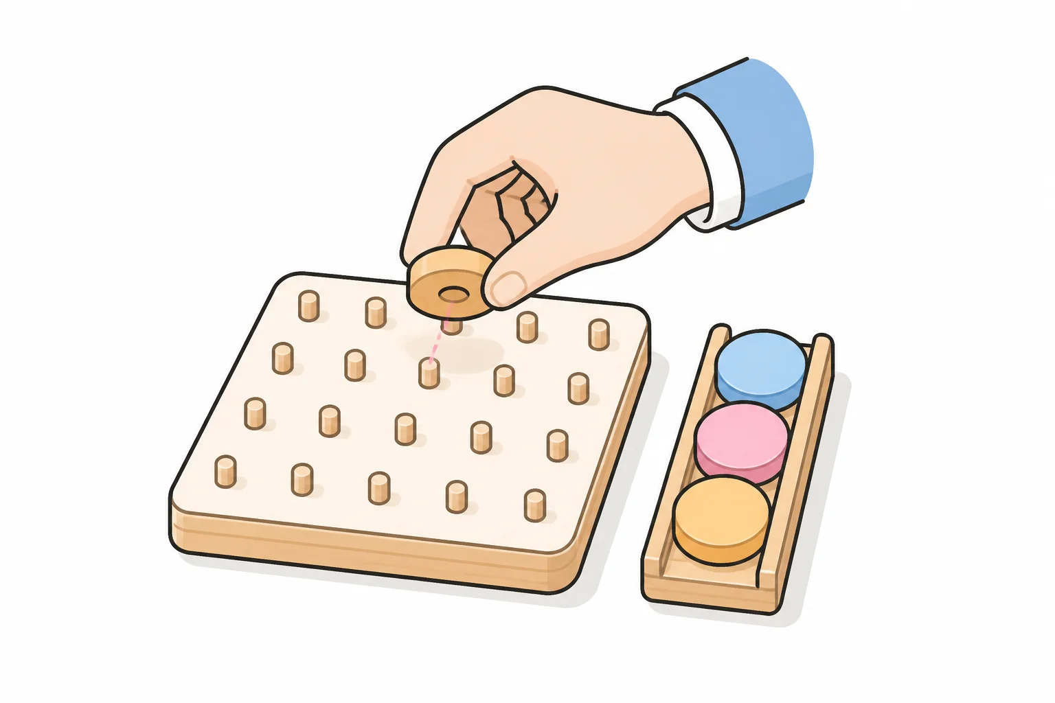 A hand placing a round wooden token onto a pegboard where pieces only fit on the pegs, next to a small tray of queued colored tokens