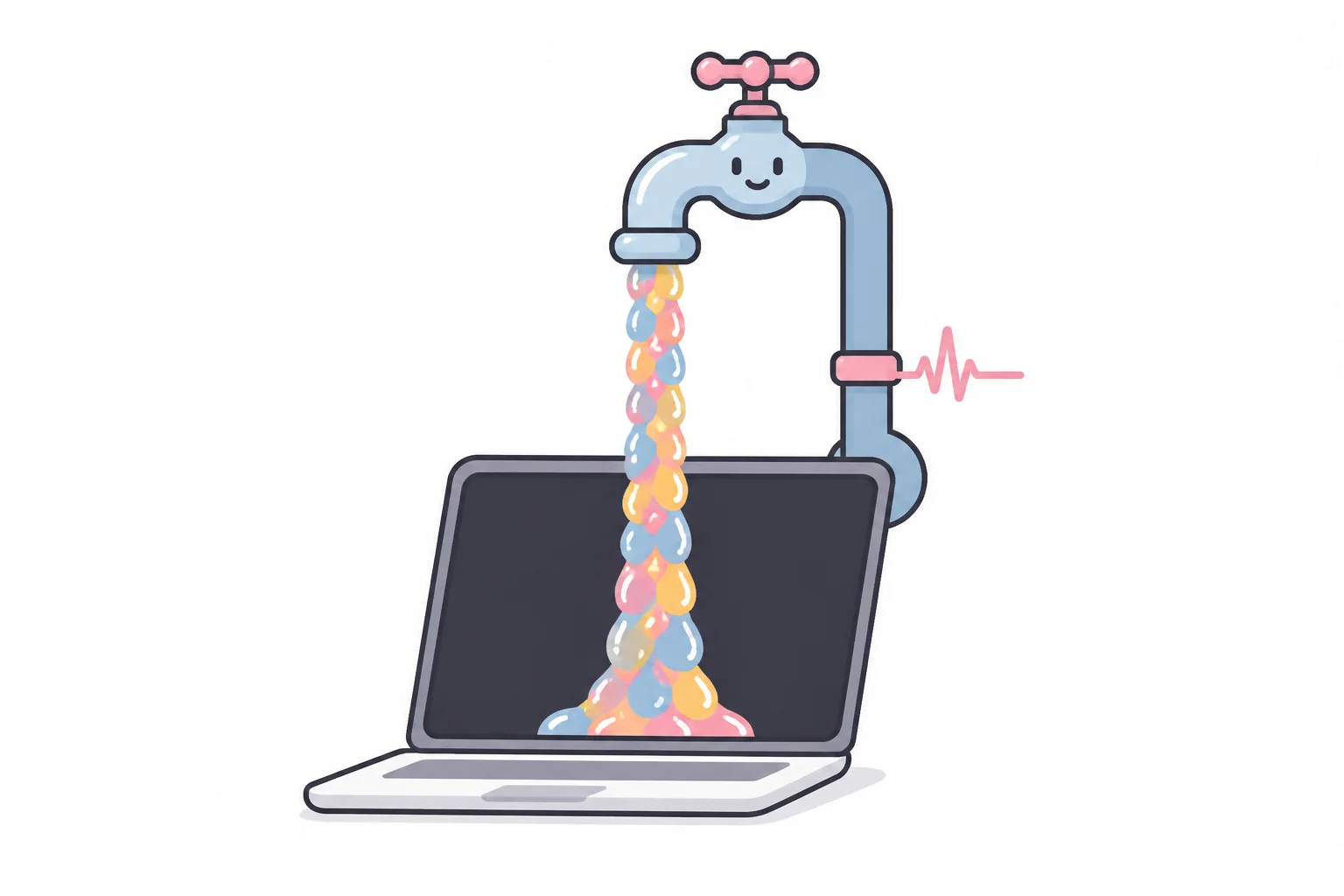 A smiling faucet pouring a continuous stream of colorful droplets into an open laptop, with a heartbeat pulse line running along the pipe
