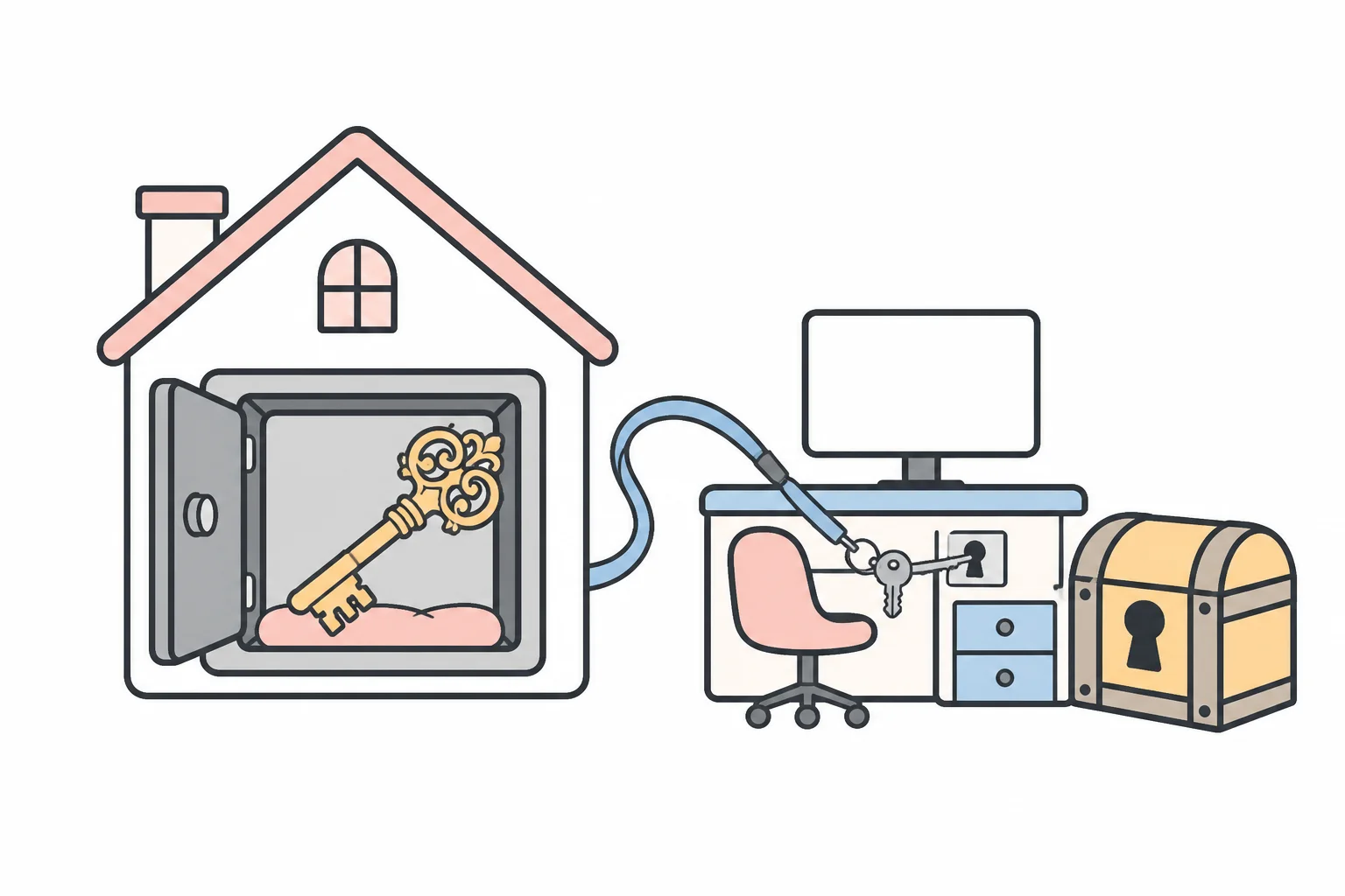 An ornate master key resting in a home safe, connected by a cord to a small everyday key at a work desk, beside a locked treasure chest