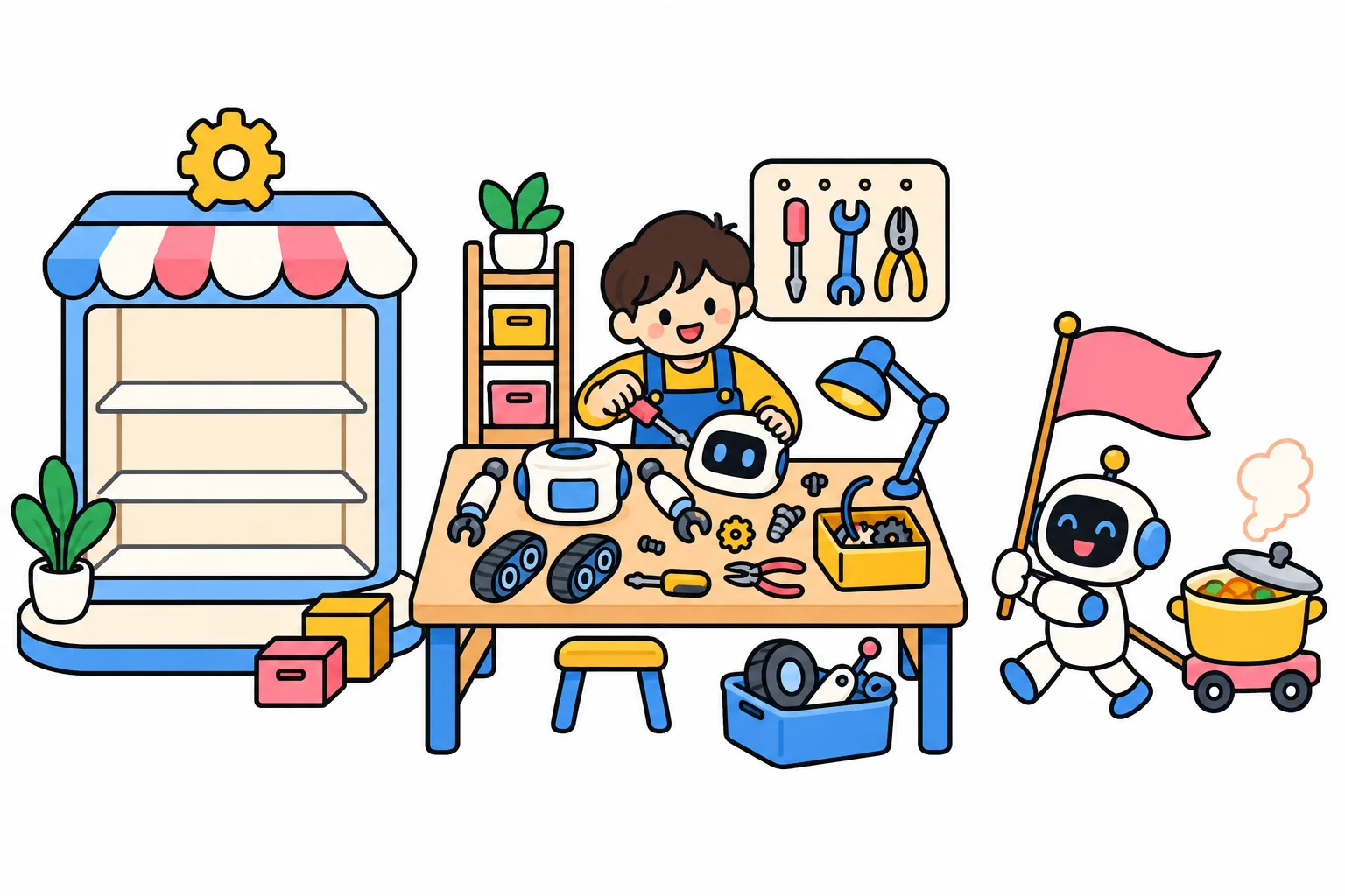 An empty shop shelf beside a workbench where a child assembles a small robot from parts, while another robot carrying a flag pulls a shared cooking pot