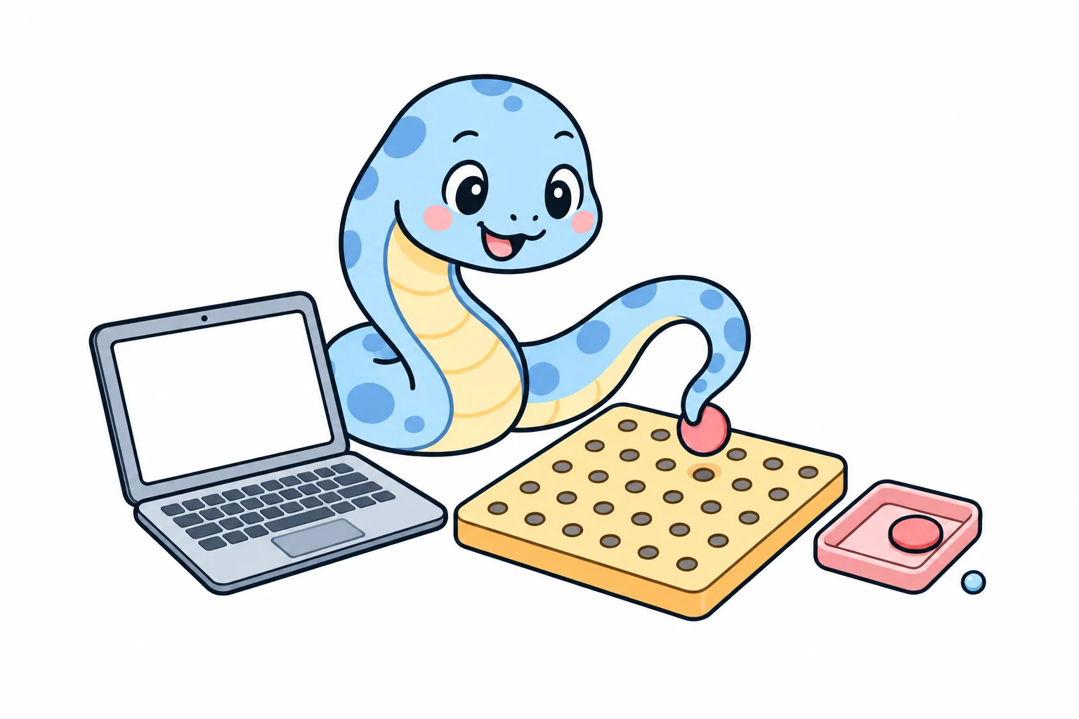 A friendly snake at a laptop placing a round token onto a pegboard where pieces only fit on the grid points, with a small tray beside the board