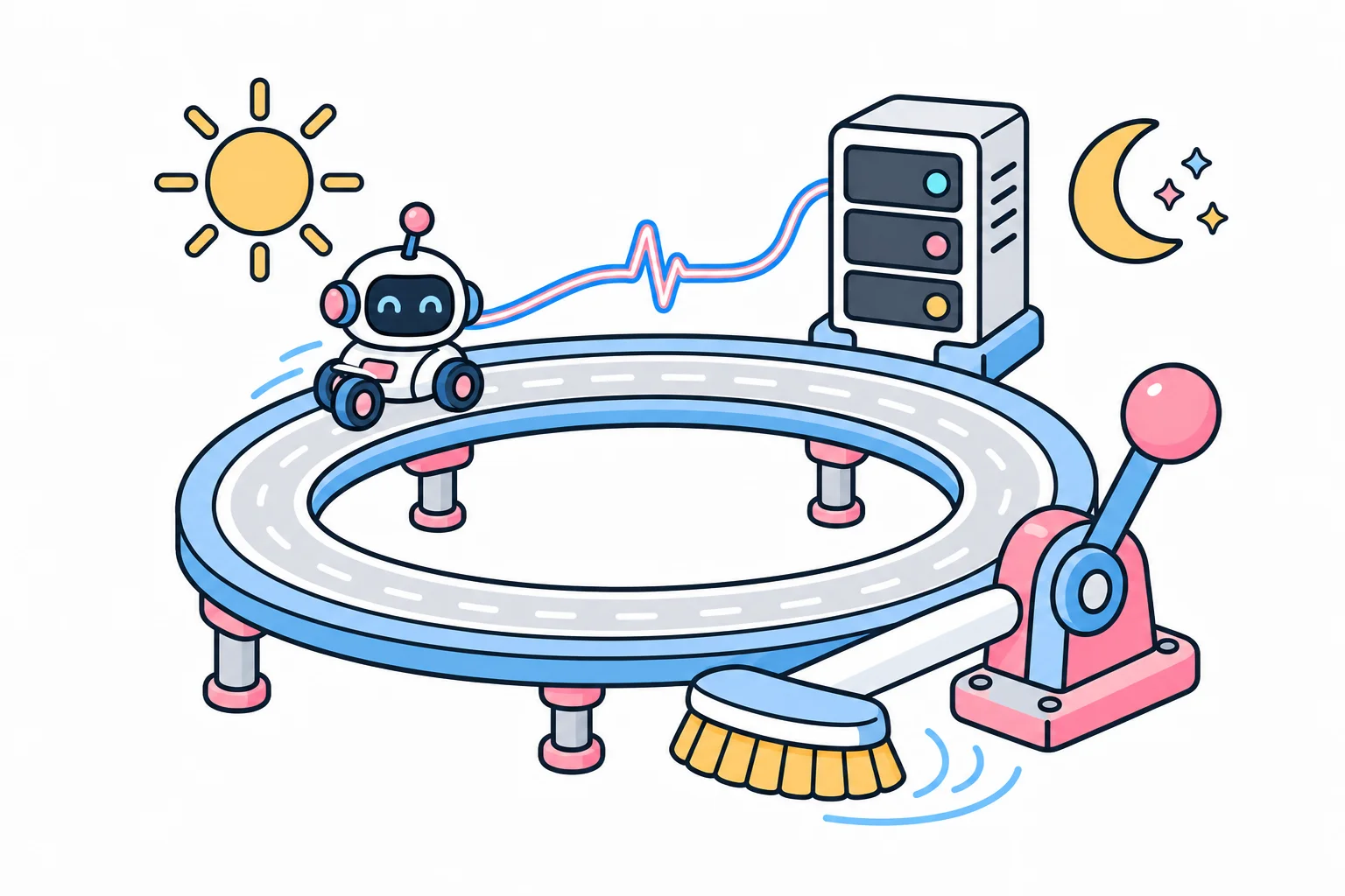 A small robot riding a circular track under a sun and a moon, linked to a server by a heartbeat line, while a big lever with a sweeping brush stands ready to clear the track