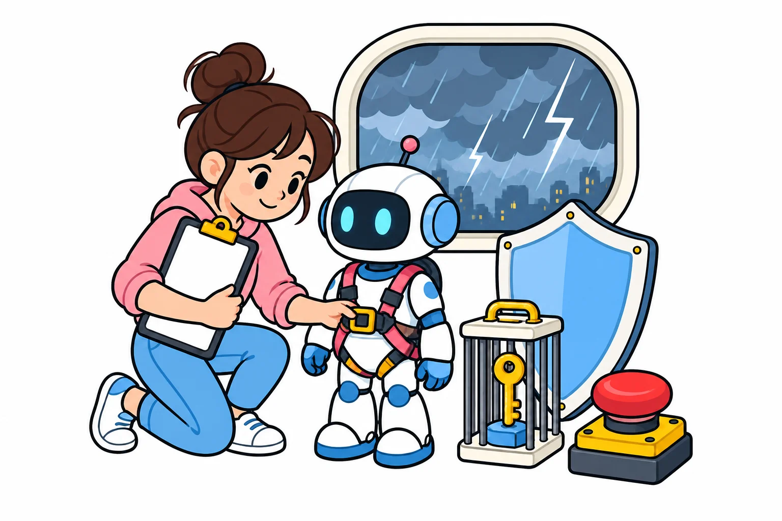 A person with a clipboard checking a small robot wearing a safety harness, beside a shield, a caged key and an emergency stop button, with a storm outside the window