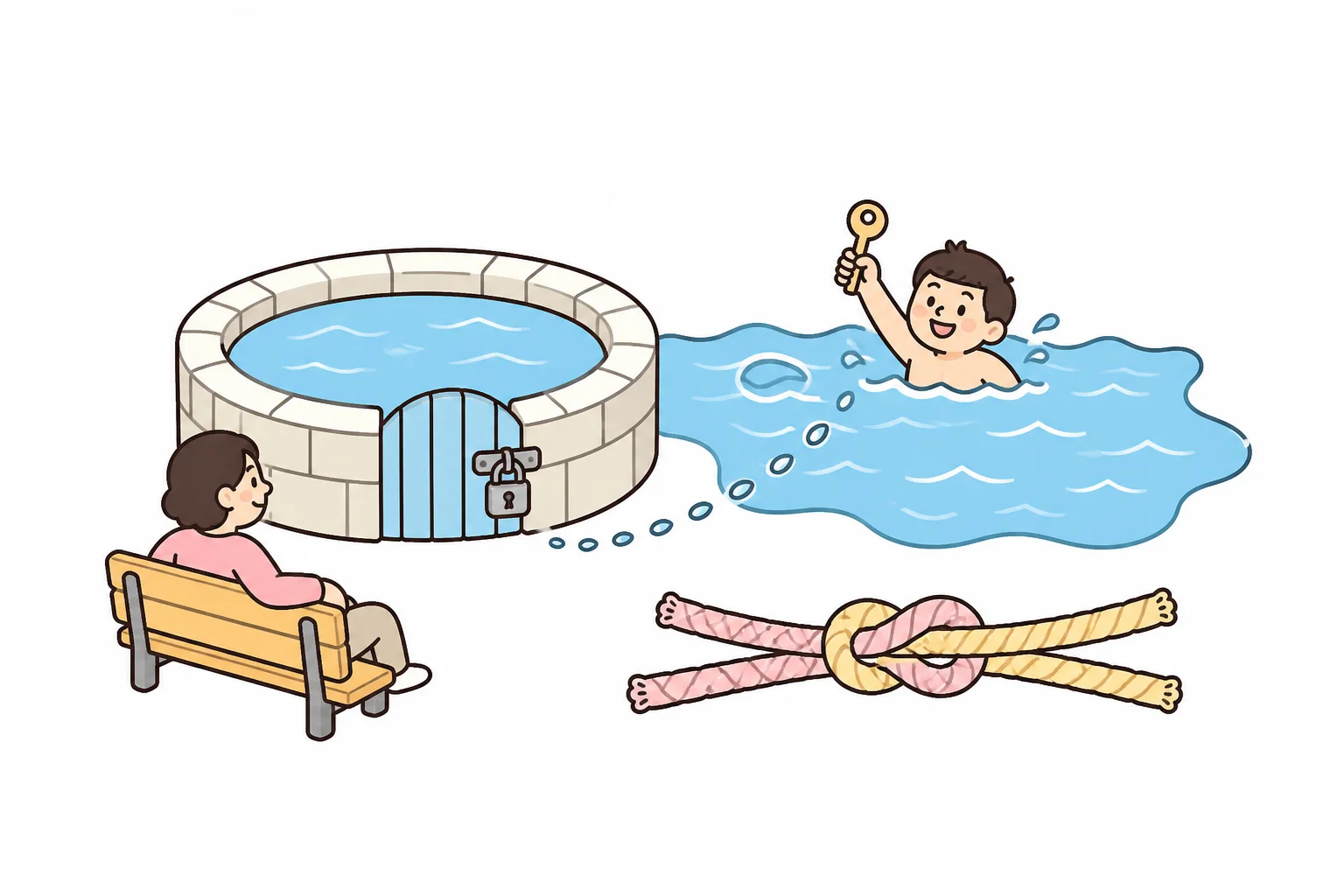 A person watching from a bench beside a gated practice pool while a swimmer out in the open sea holds up a key, with a practice rope knot nearby