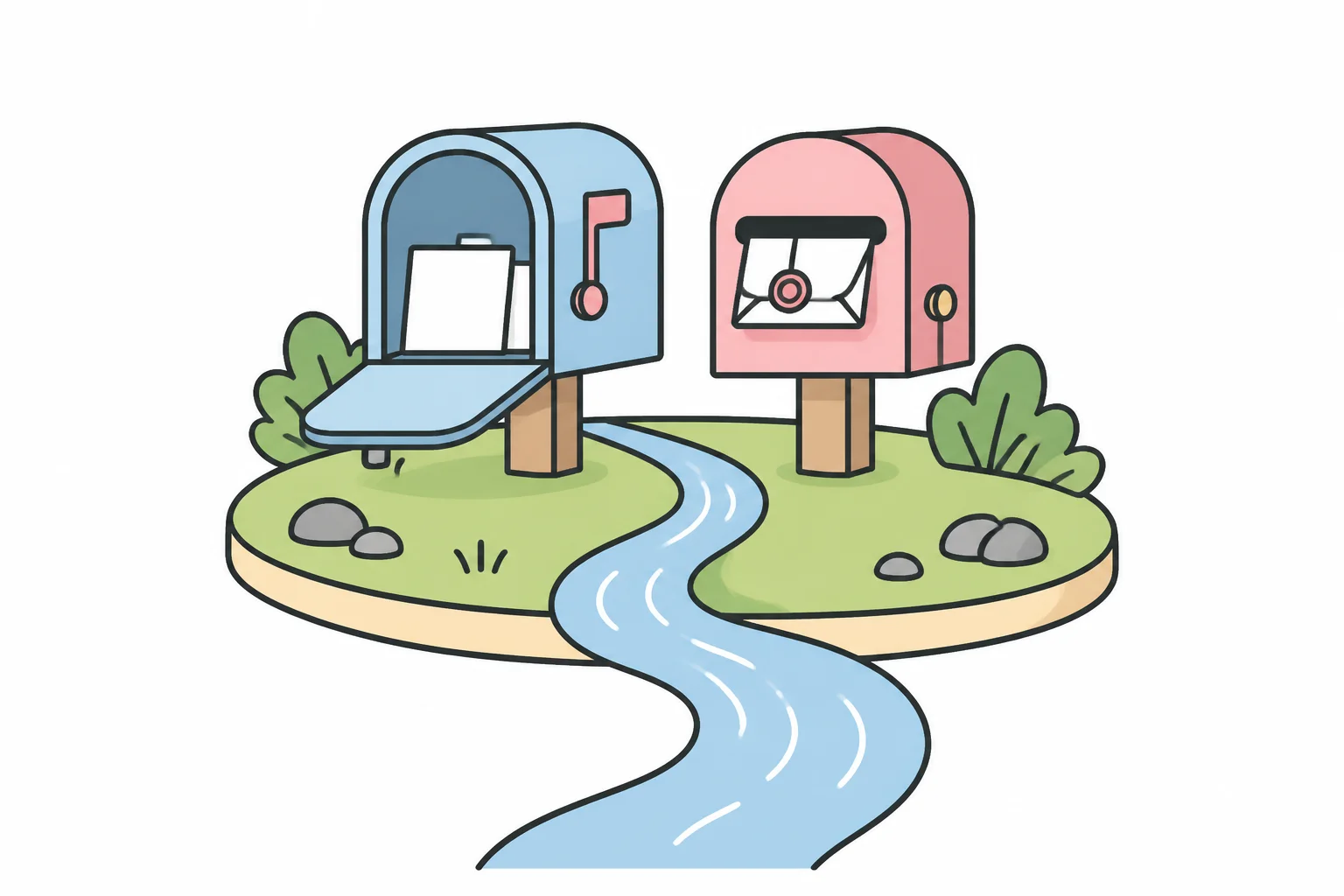 A tiny island with two mailboxes — one standing open for anyone to read, one holding a sealed stamped envelope — and a stream flowing off the island