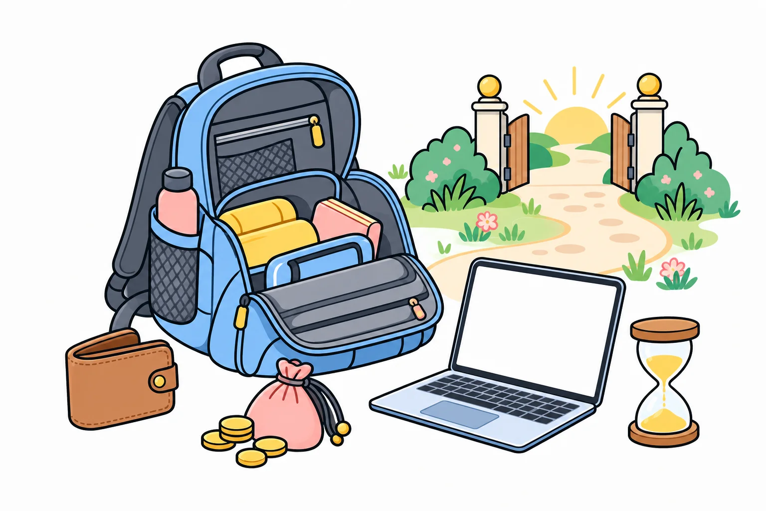 An open backpack packed for a journey next to a wallet, a small pouch of coins, a laptop and an hourglass, with an open gate on the path behind them