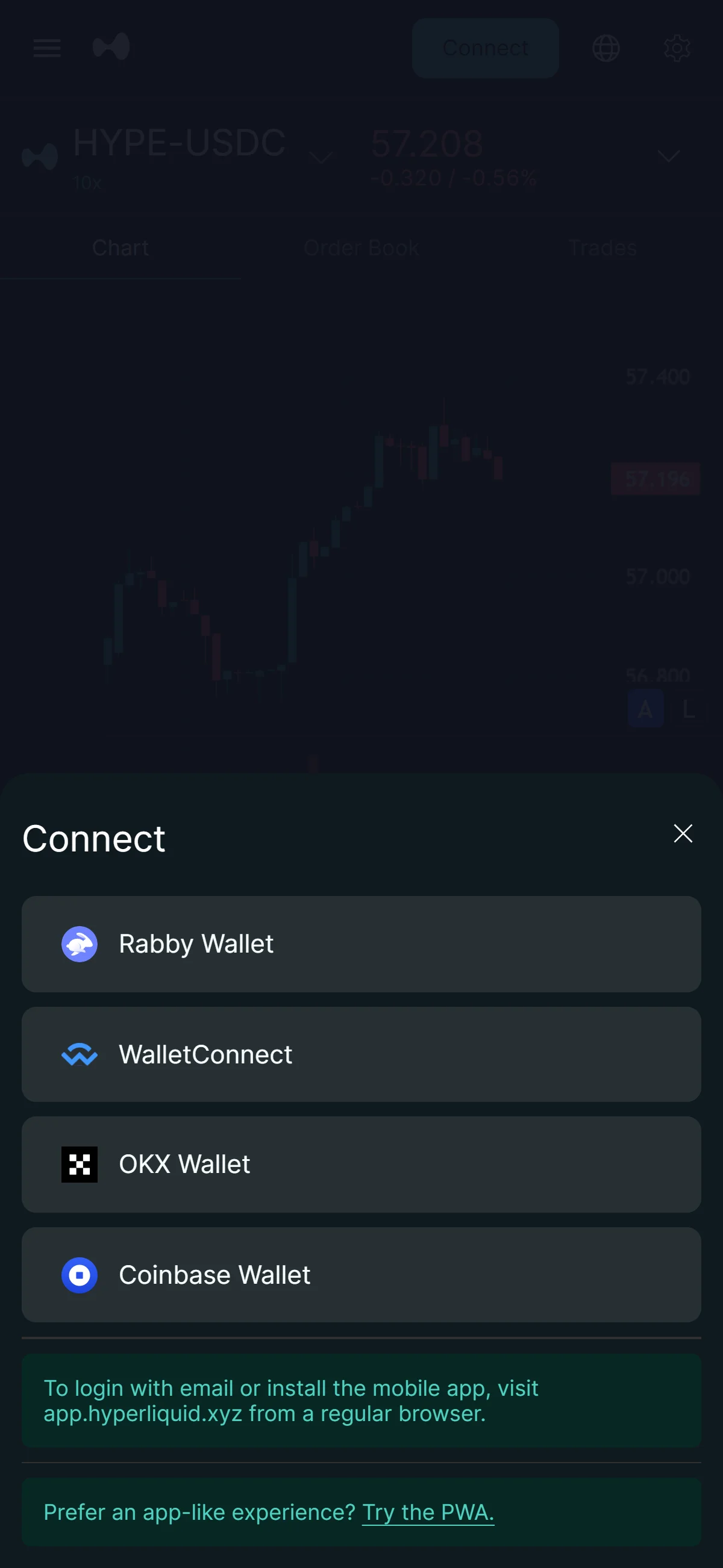 Wallet options under Connect