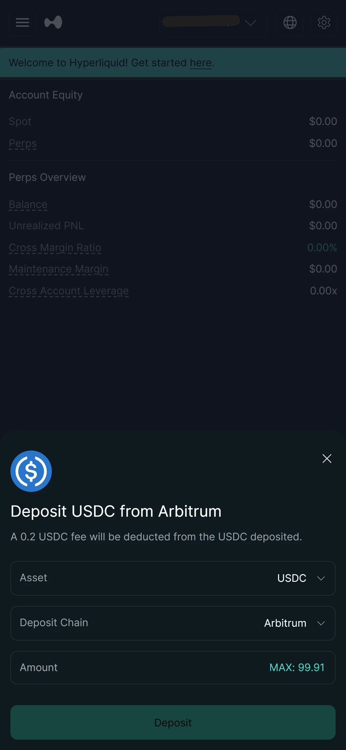 Deposit form for USDC