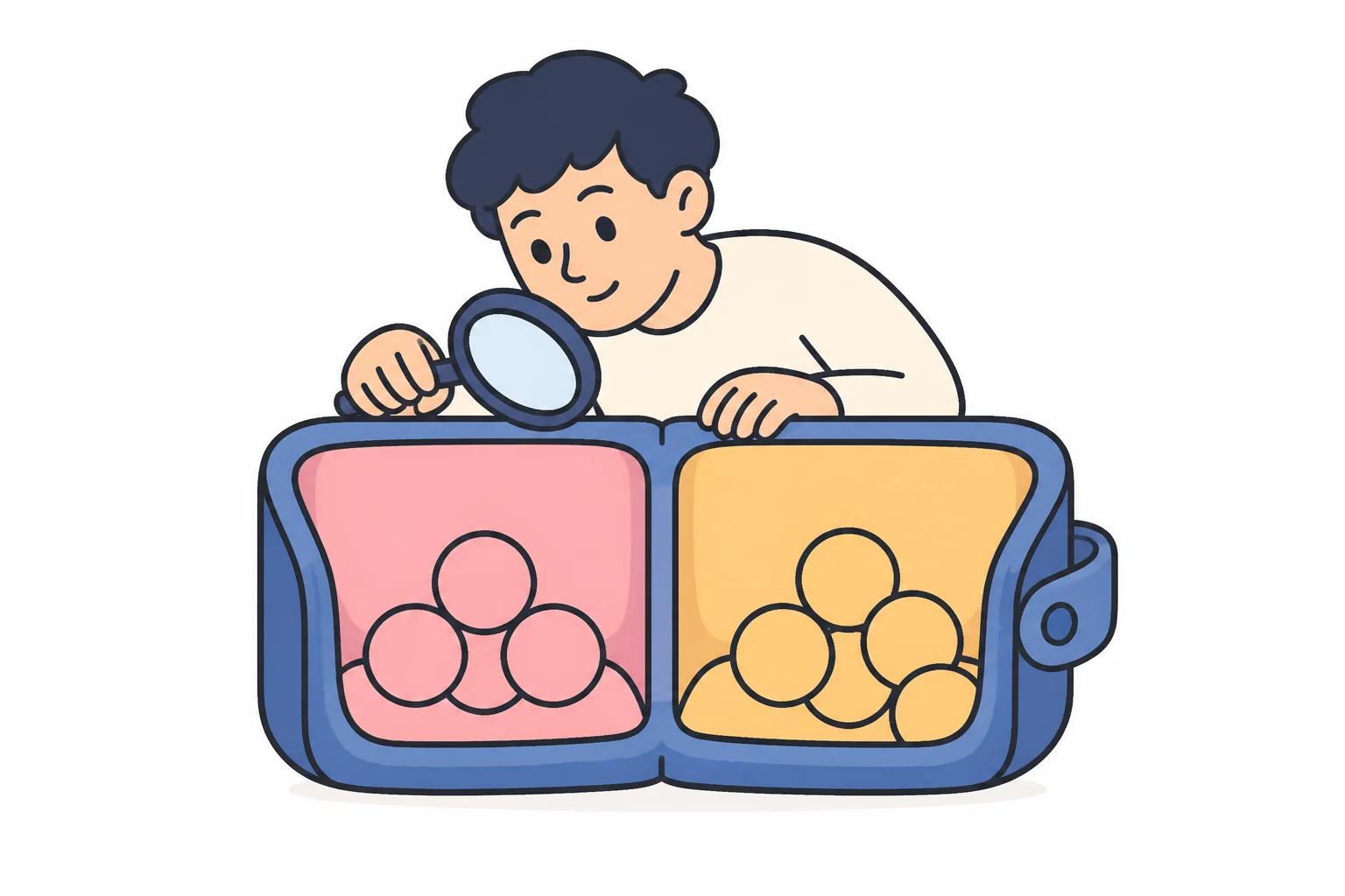 A person leans over an open two-compartment wallet with a magnifying glass, coins sitting in both the pink and the amber pocket