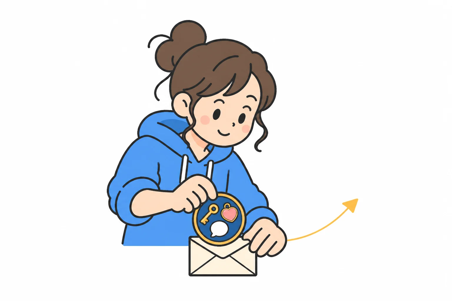 A person seals an envelope with a round medallion holding three small emblems: a key, a heart-shaped locket and a speech bubble