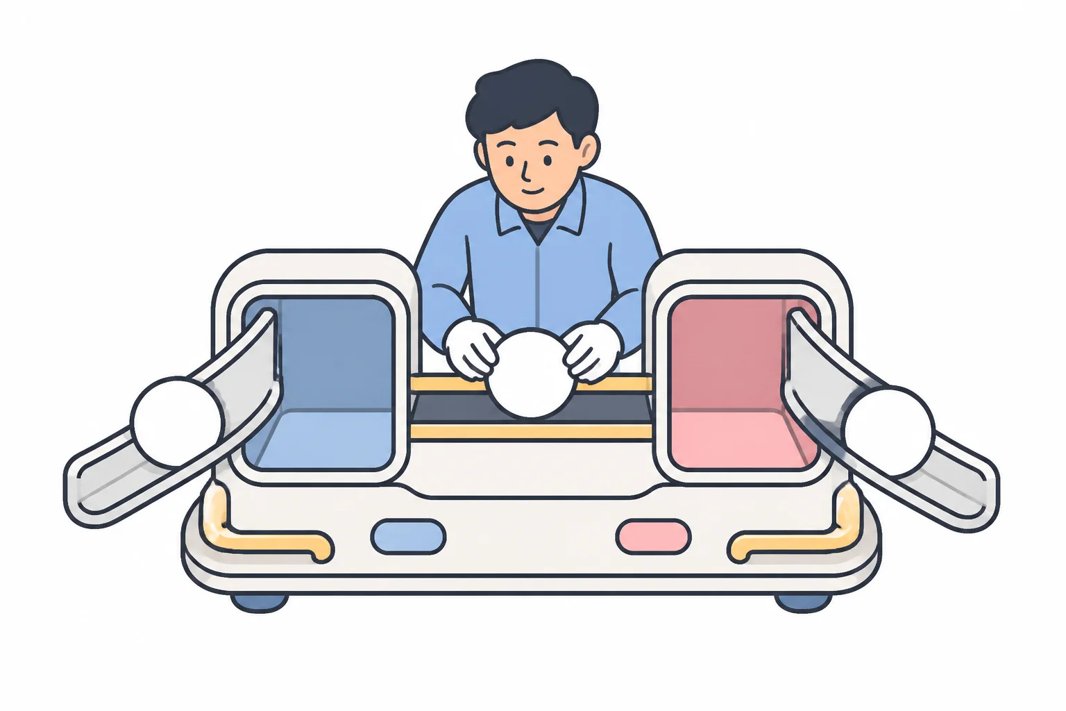 A person carefully places a coin onto a weighing deck between two open compartments, with chutes carrying coins in from one side and out the other