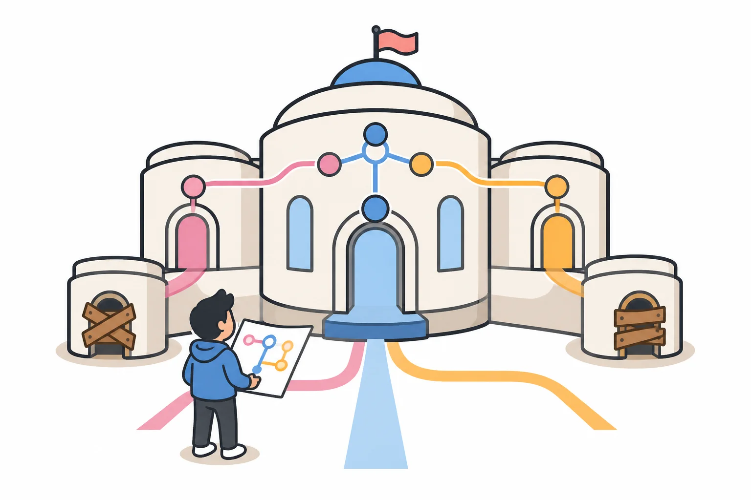 A person holding a small route map stands before a domed building with several wings, colored paths leading to different entrances while two old side doors are boarded up
