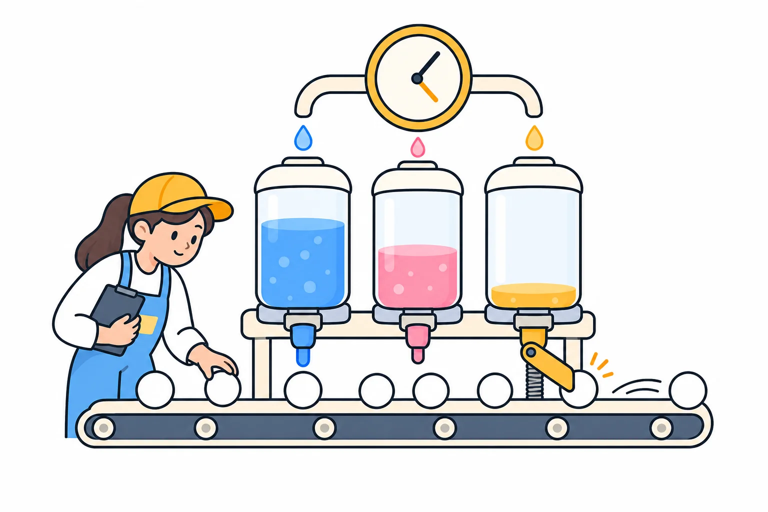 Three dispenser tanks refill under a wall clock while balls pass along a conveyor below, one gate arm pressing down on the line as a worker watches with a clipboard