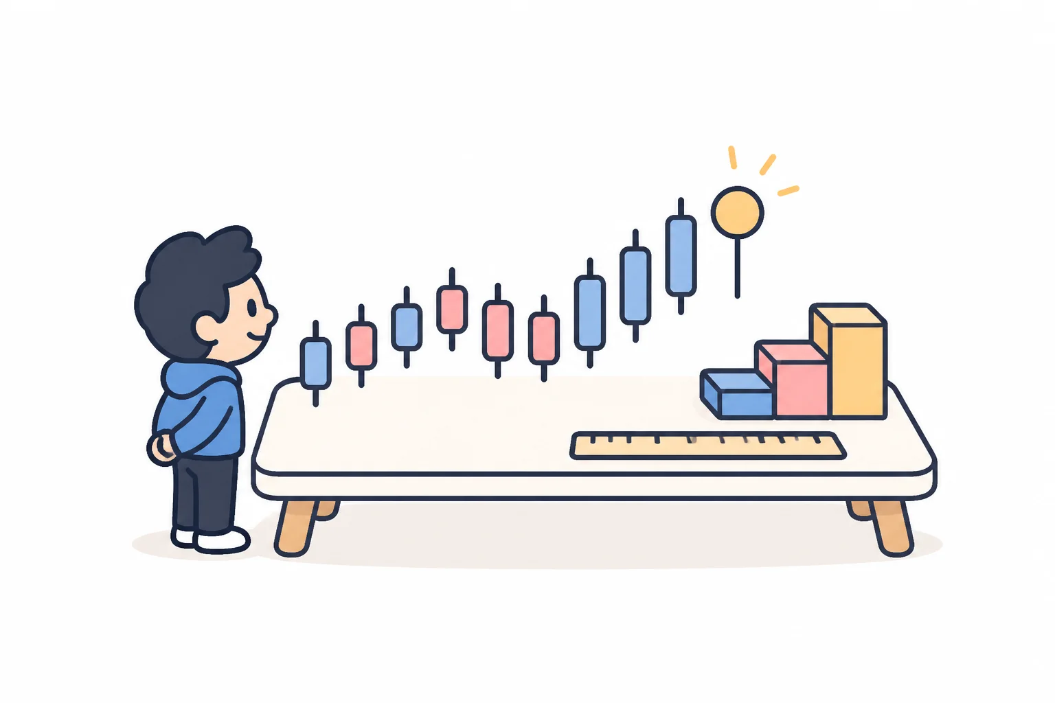 A person studies a row of candlestick shapes rising across a table, next to a ruler and three stepped blocks