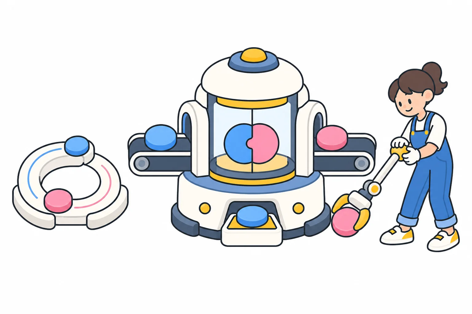 A worker operates a matching machine that joins a blue and a pink half inside a glass chamber, with a practice ring of pieces beside it and a claw pulling one piece away