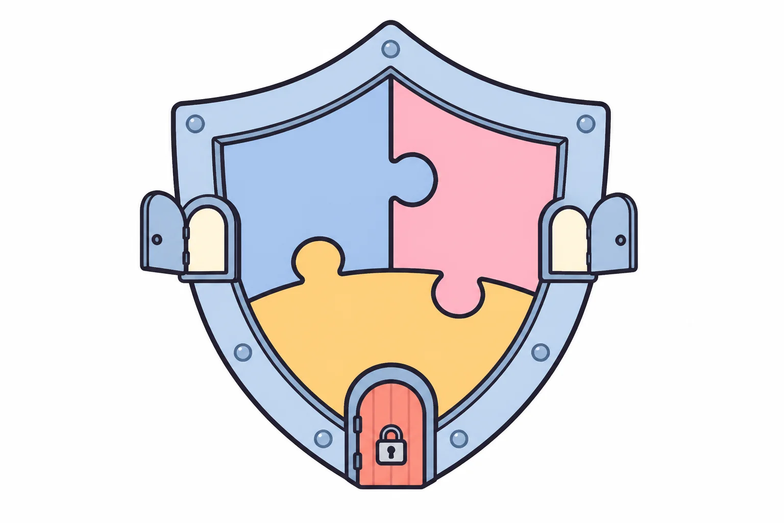 A shield assembled from three interlocking puzzle pieces, with two small side doors and a red locked door at the bottom