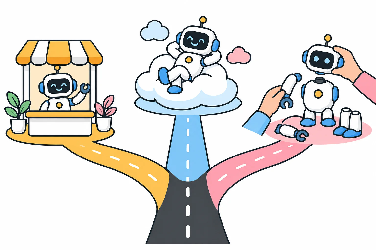 A three-way fork: a ready-made robot waving from a kiosk on one path, a robot lounging on a cloud on another, and hands assembling a robot from parts on the third