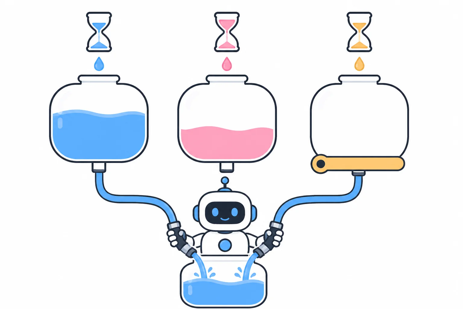 A robot draws from three tanks that refill under hourglass timers, one tank empty with a bar closed over its outlet