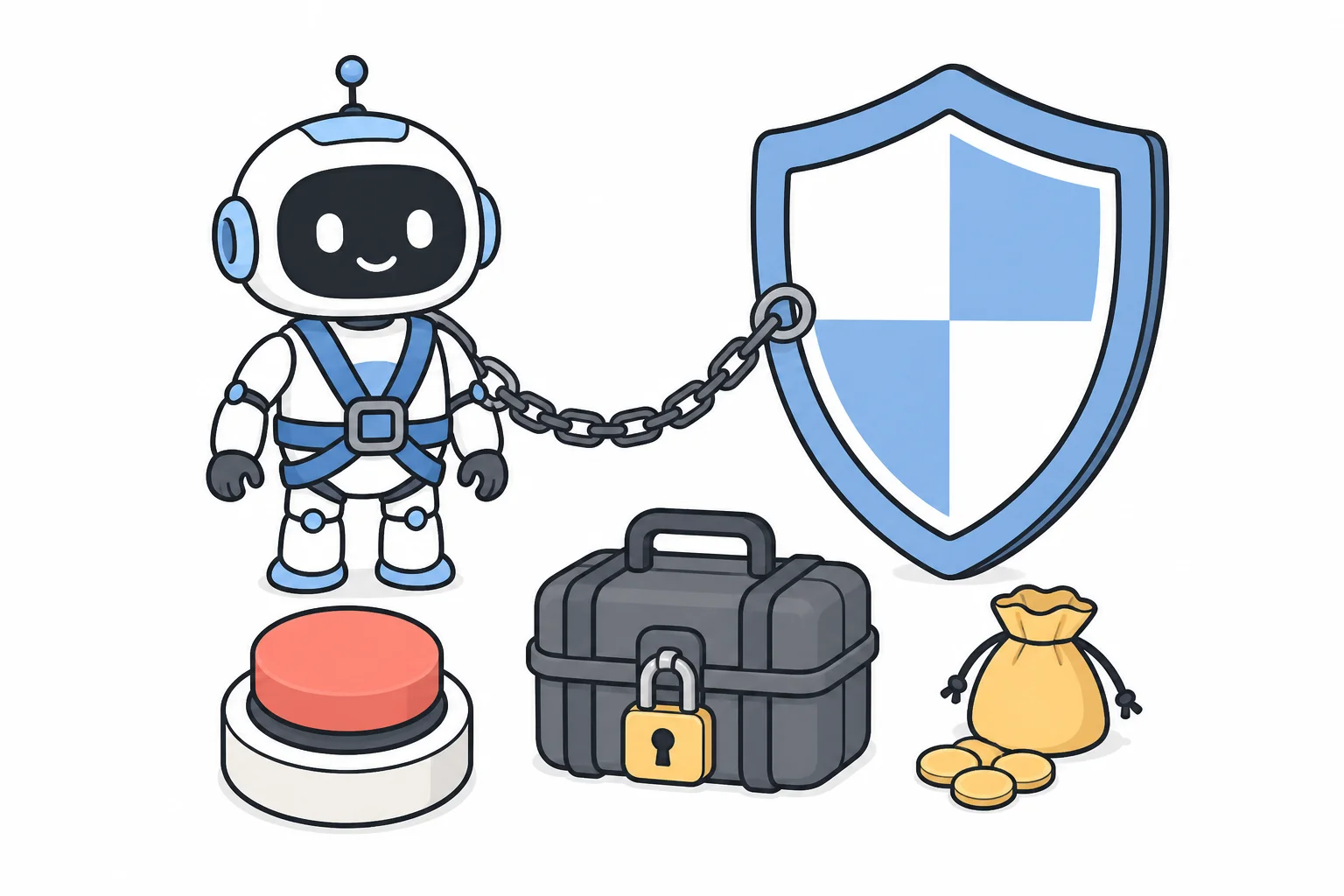 A robot in a safety harness chained to a shield, next to a big red stop button, a locked case and a small bag of coins