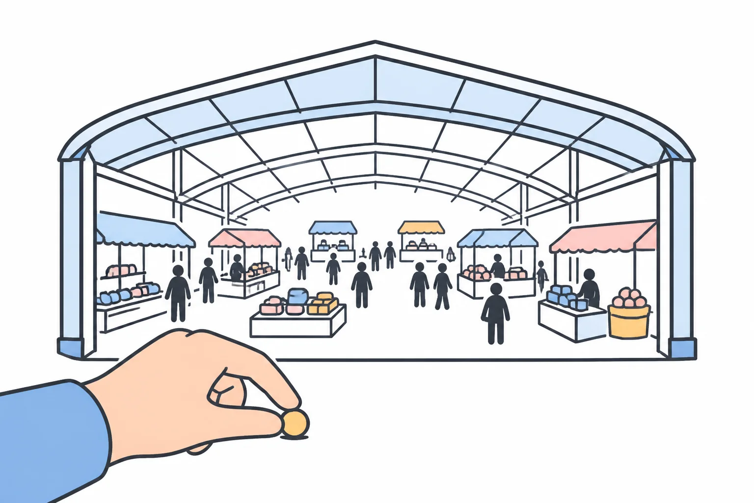 A hand carefully holding a single tiny coin in front of a large covered marketplace full of stalls and people