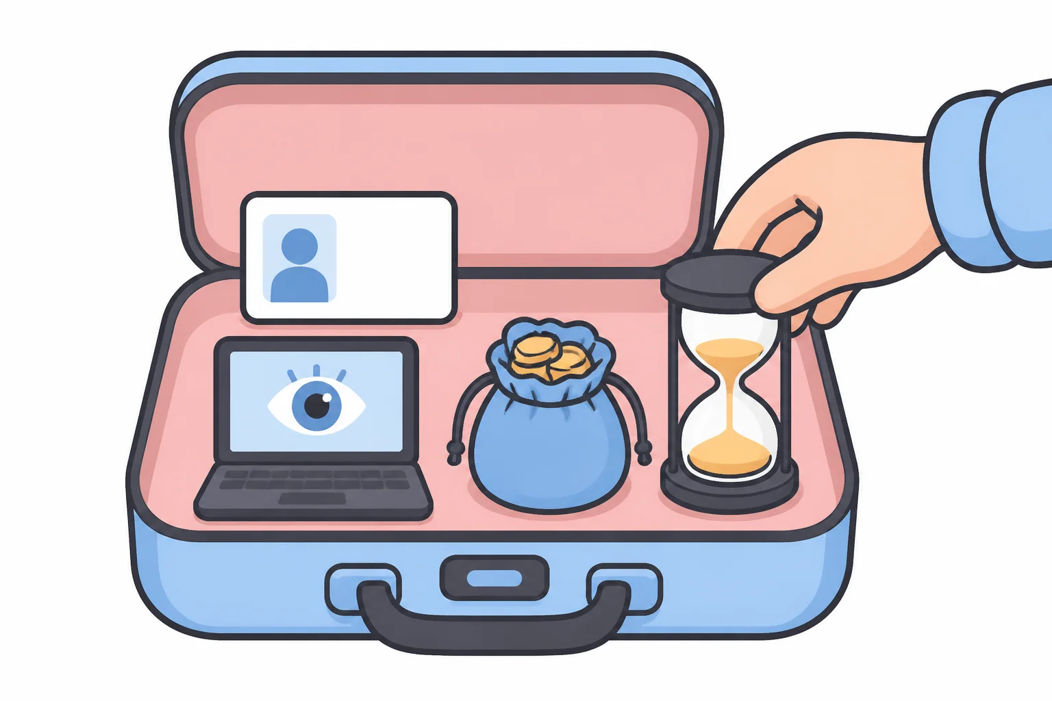 An open suitcase packed with an ID card, a laptop, a small pouch of coins, and an hourglass being placed in by hand