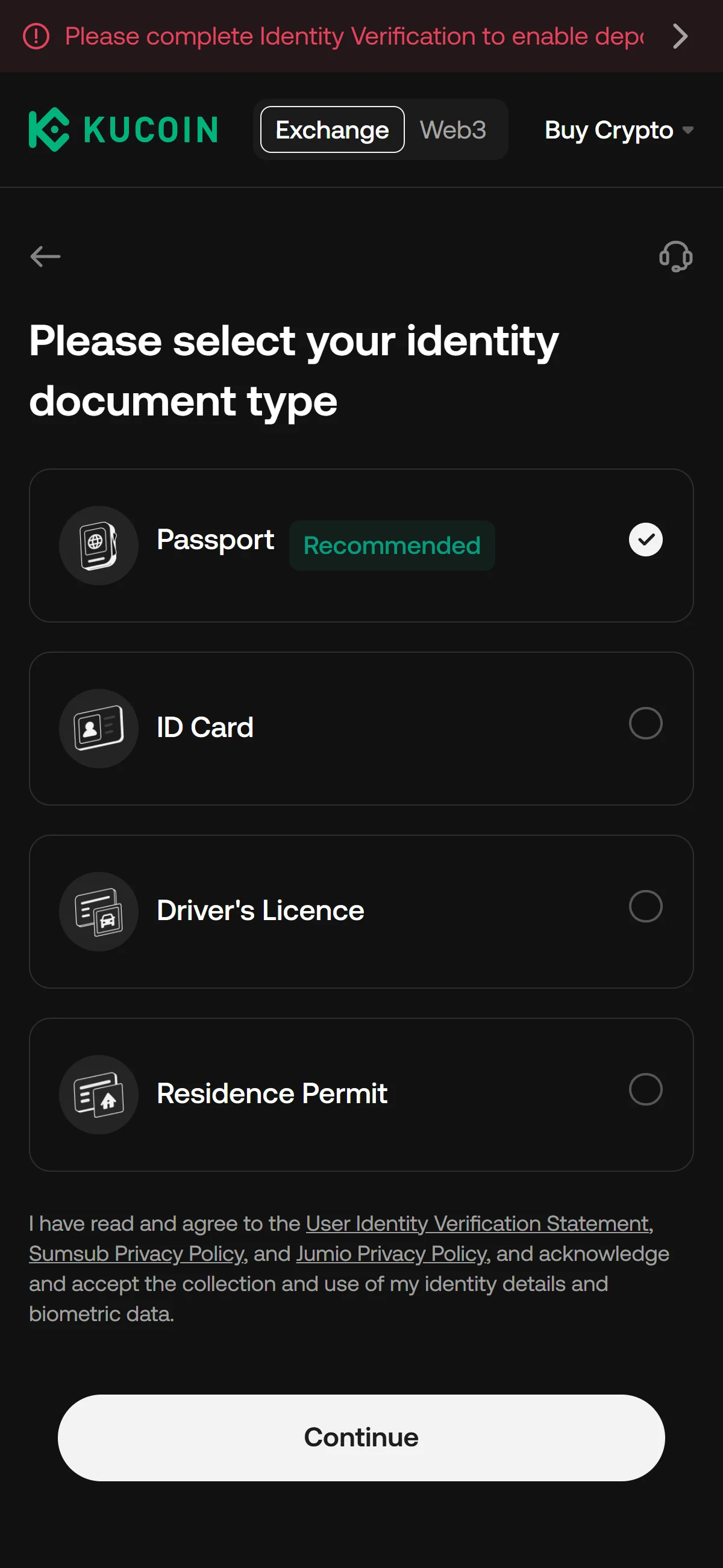 Select identity document type