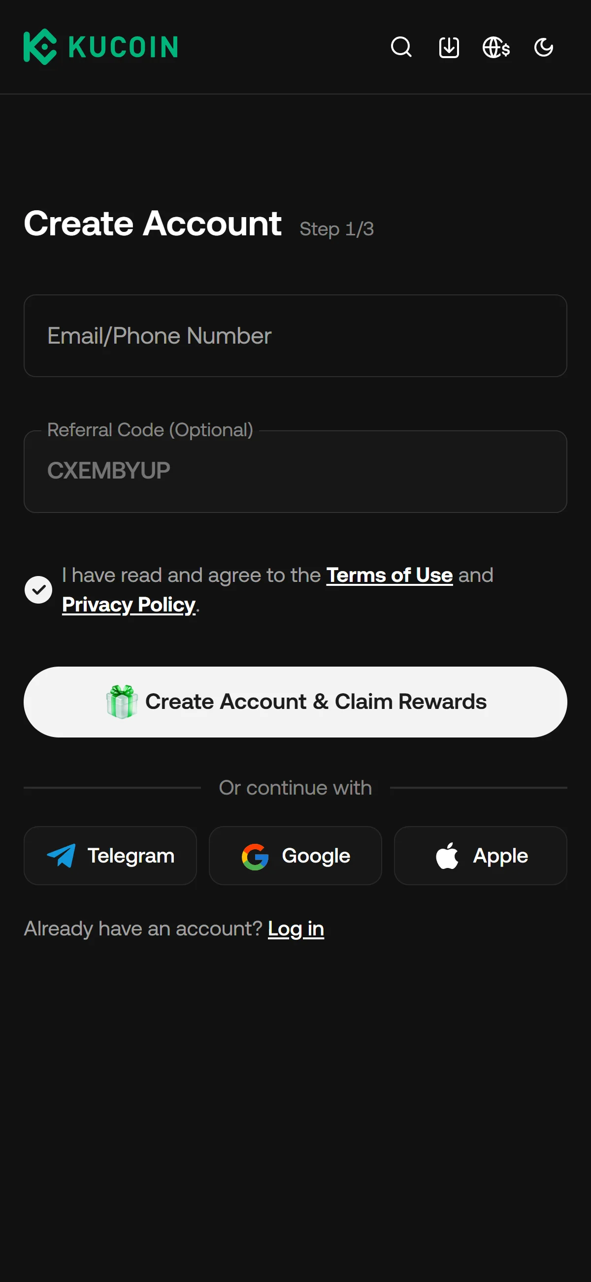 Sign-up form, step 1 of 3
