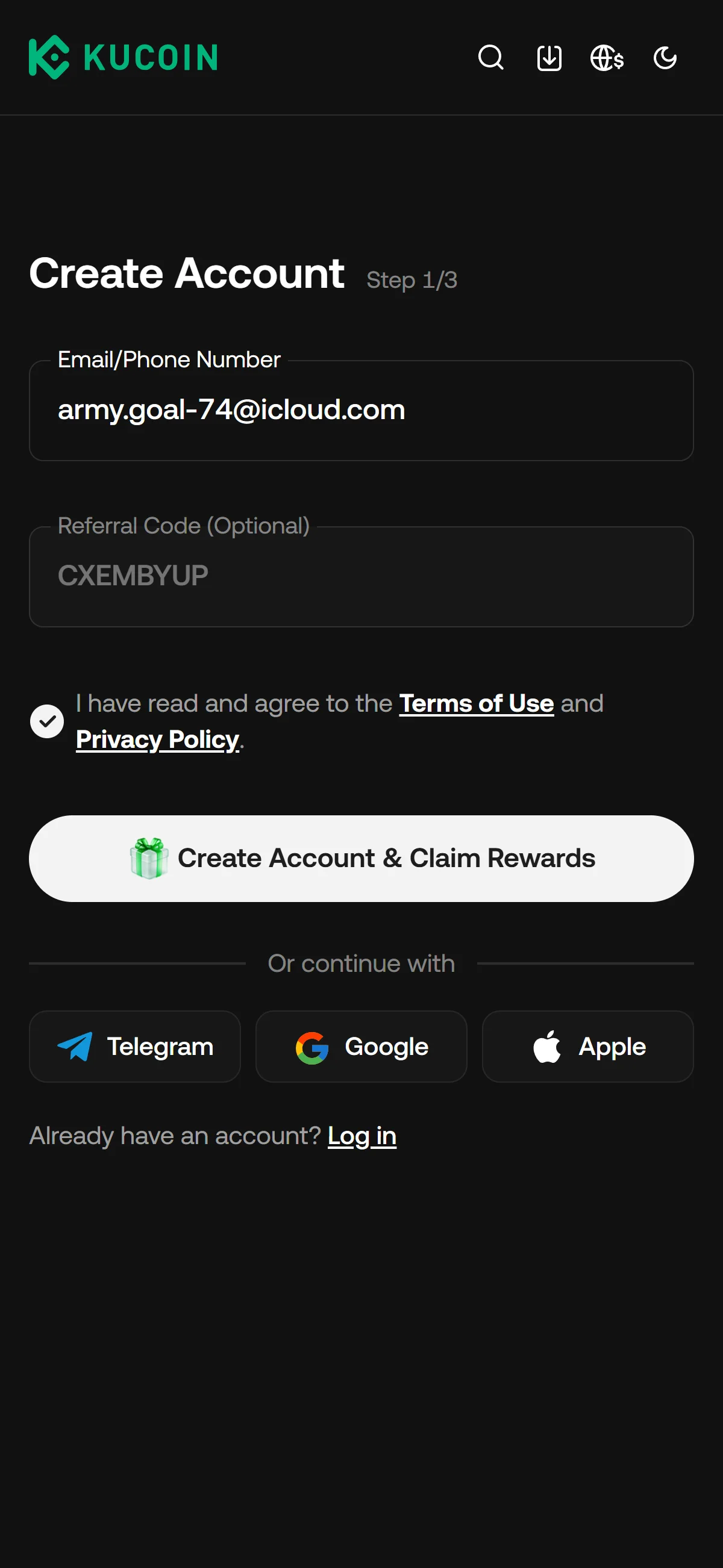 Sign-up form, filled in