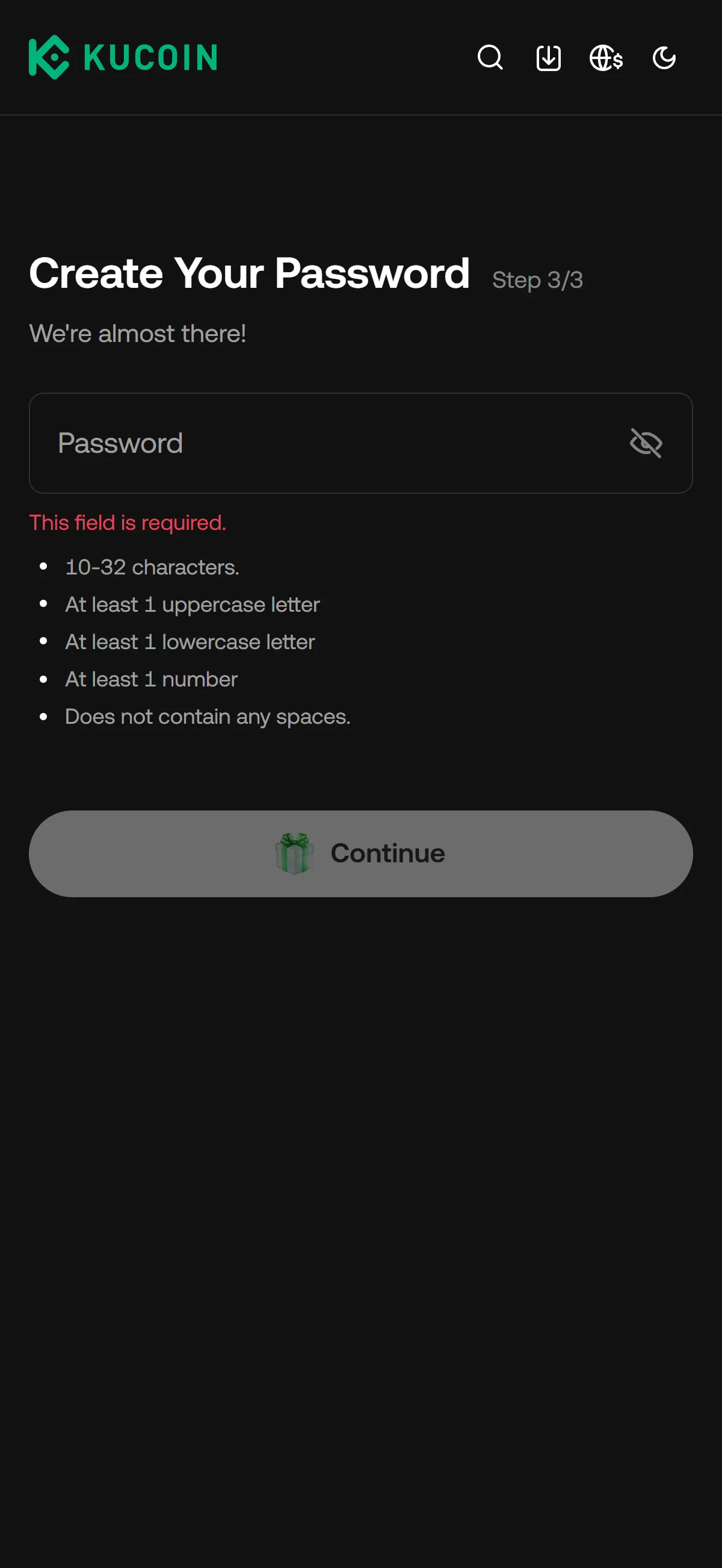 Create your password, step 3 of 3