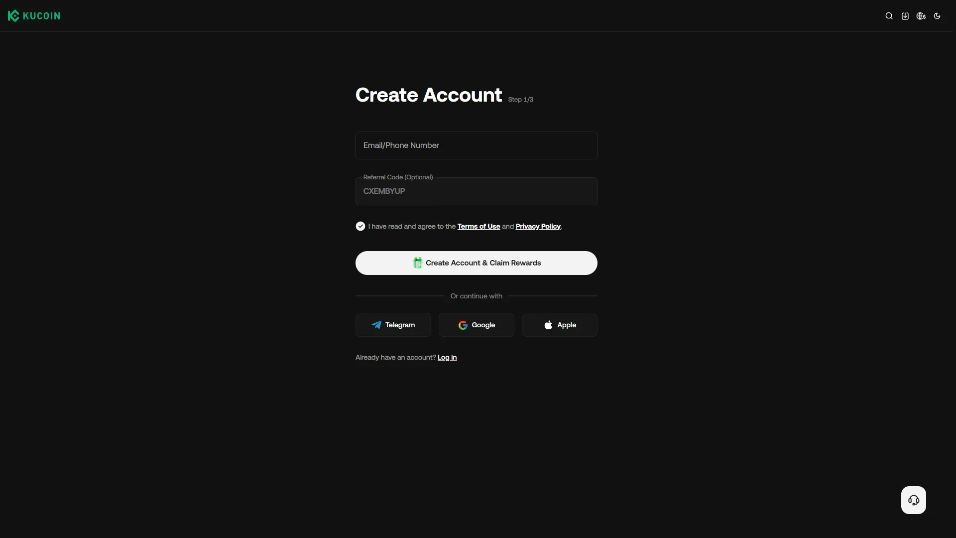 Sign-up form, step 1 of 3