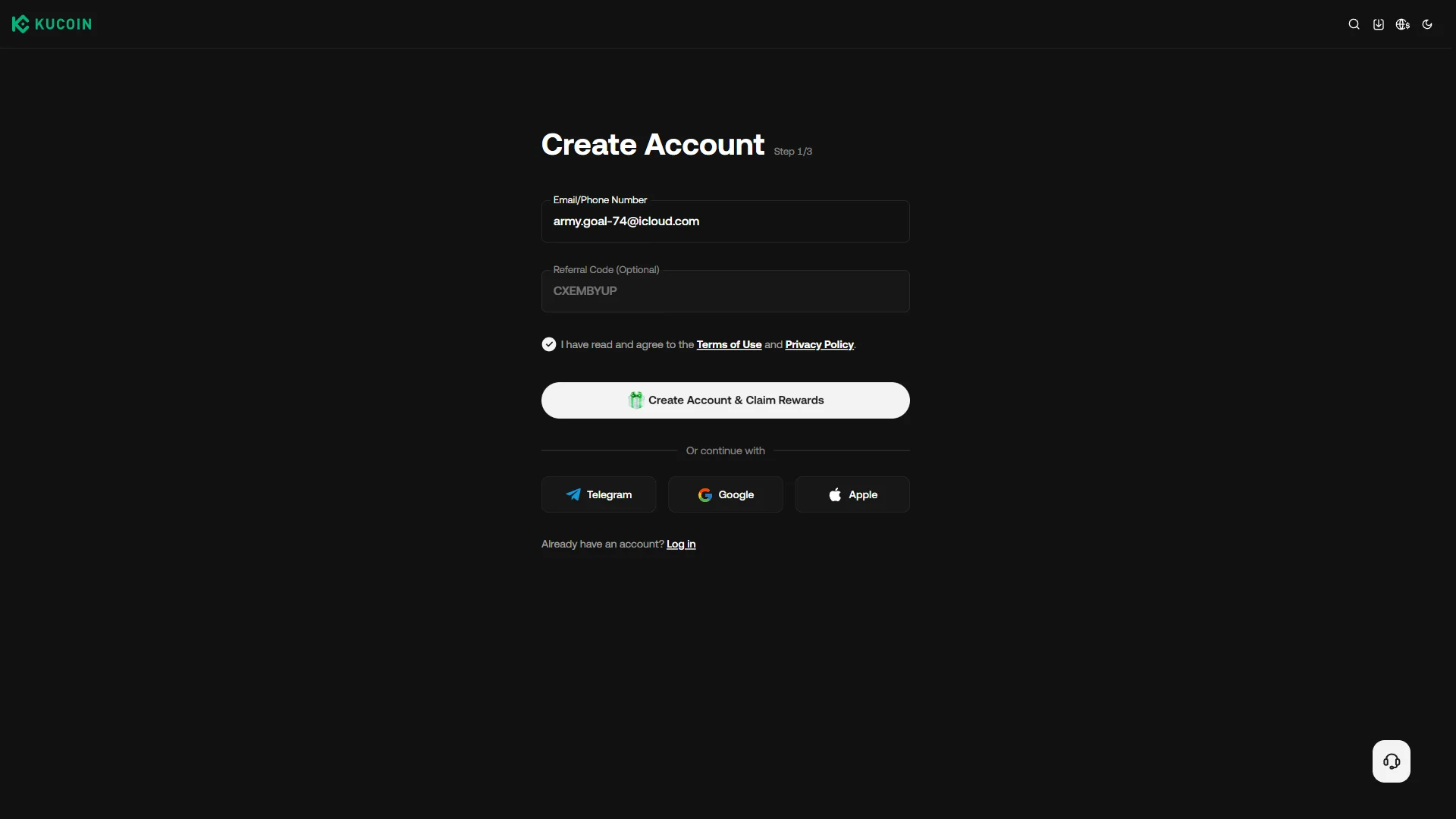 Sign-up form, filled in
