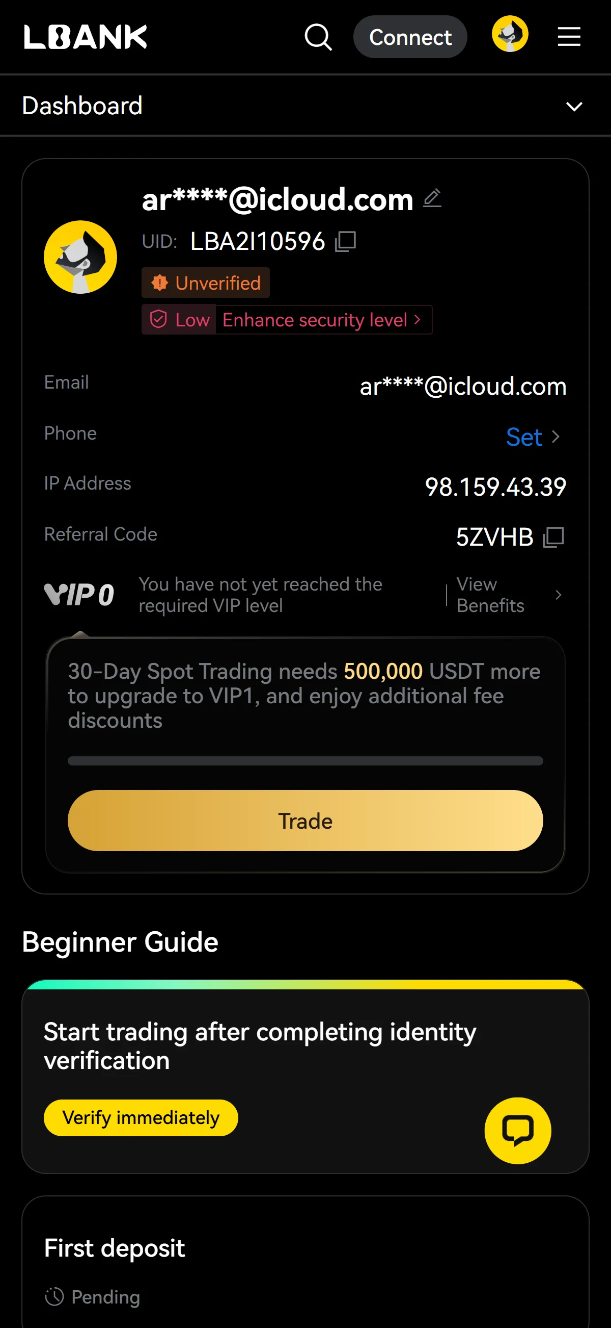 The account dashboard