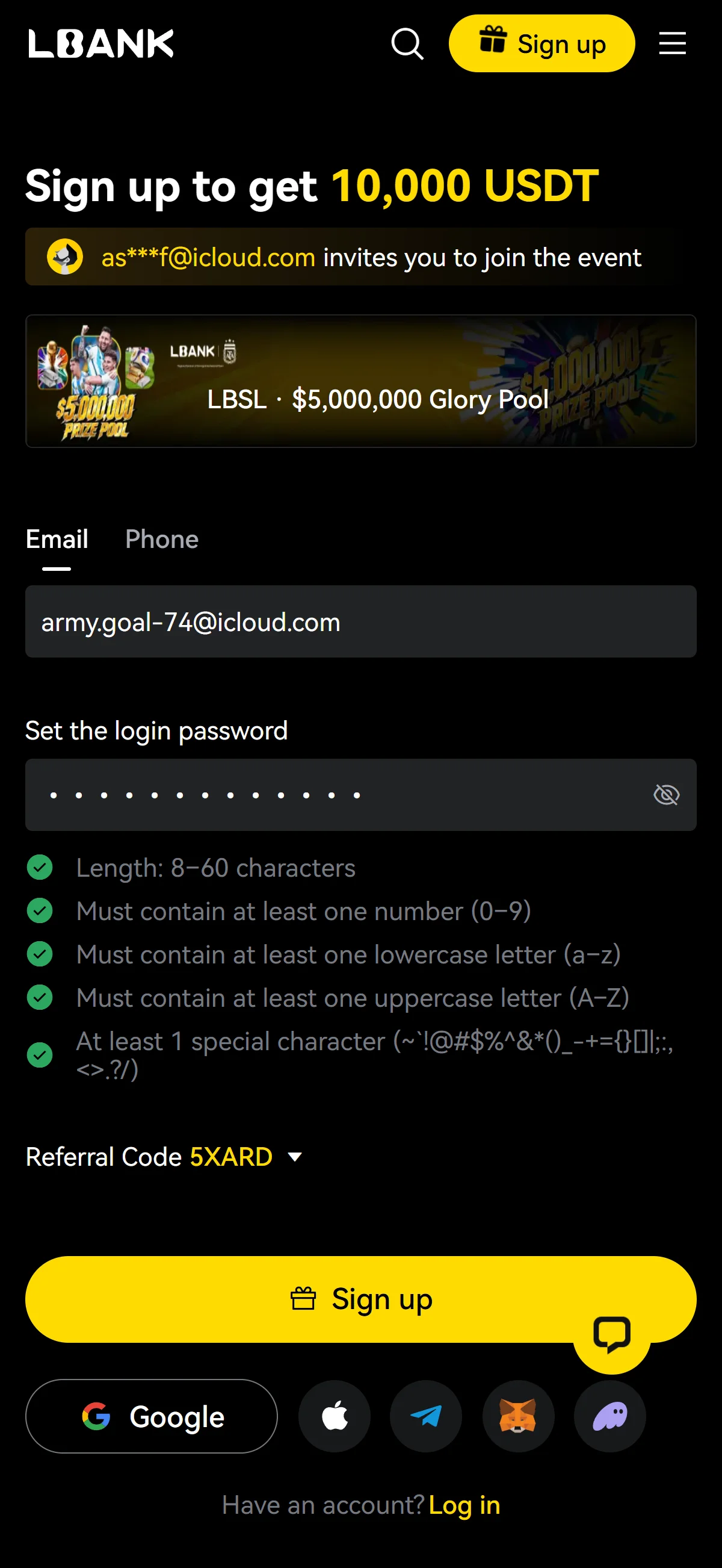 The completed sign-up form