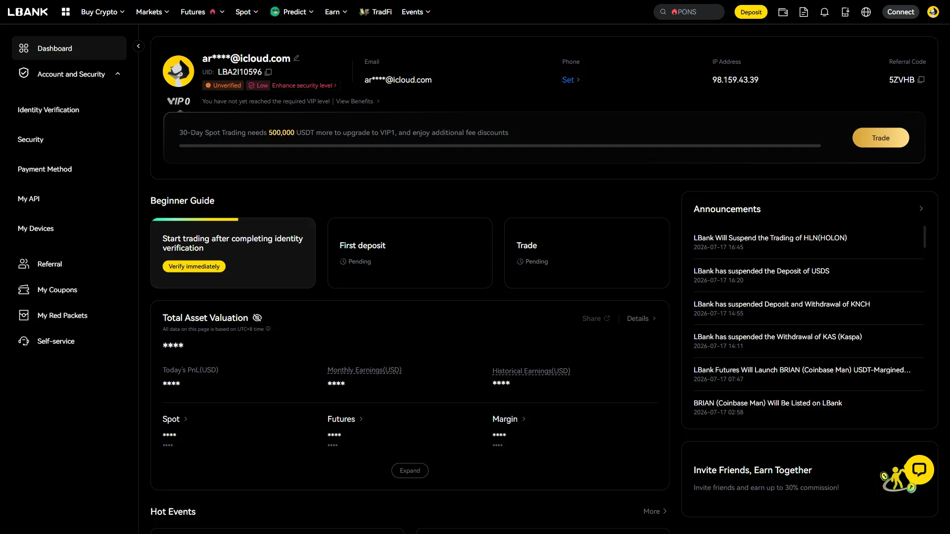 The account dashboard