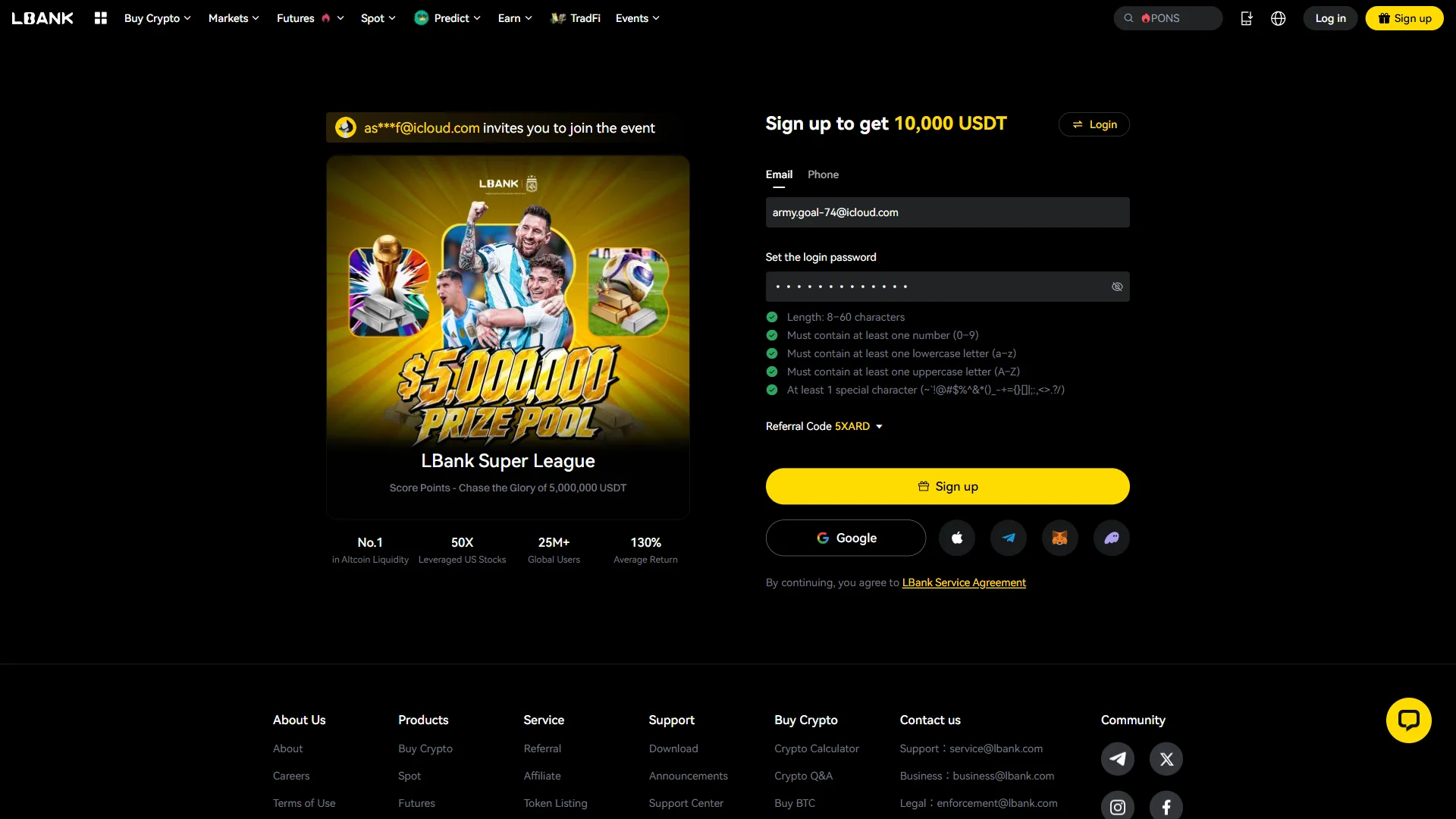 The completed sign-up form