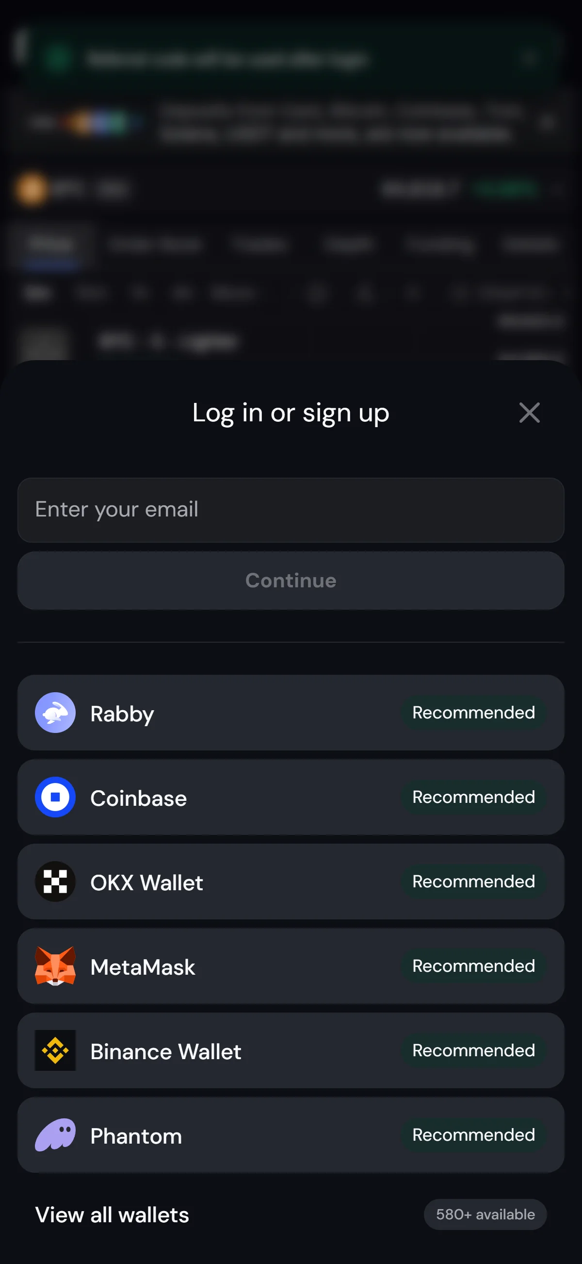 Wallet list in the login sheet