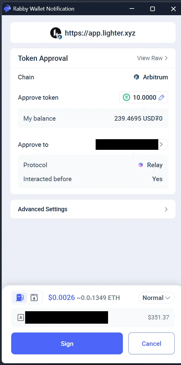 Rabby's token approval request