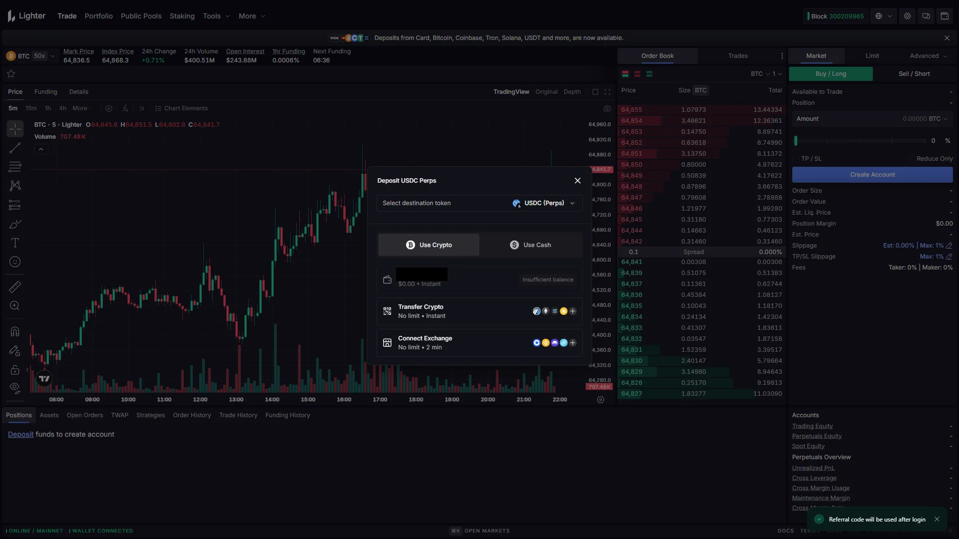 Deposit window with an empty wallet