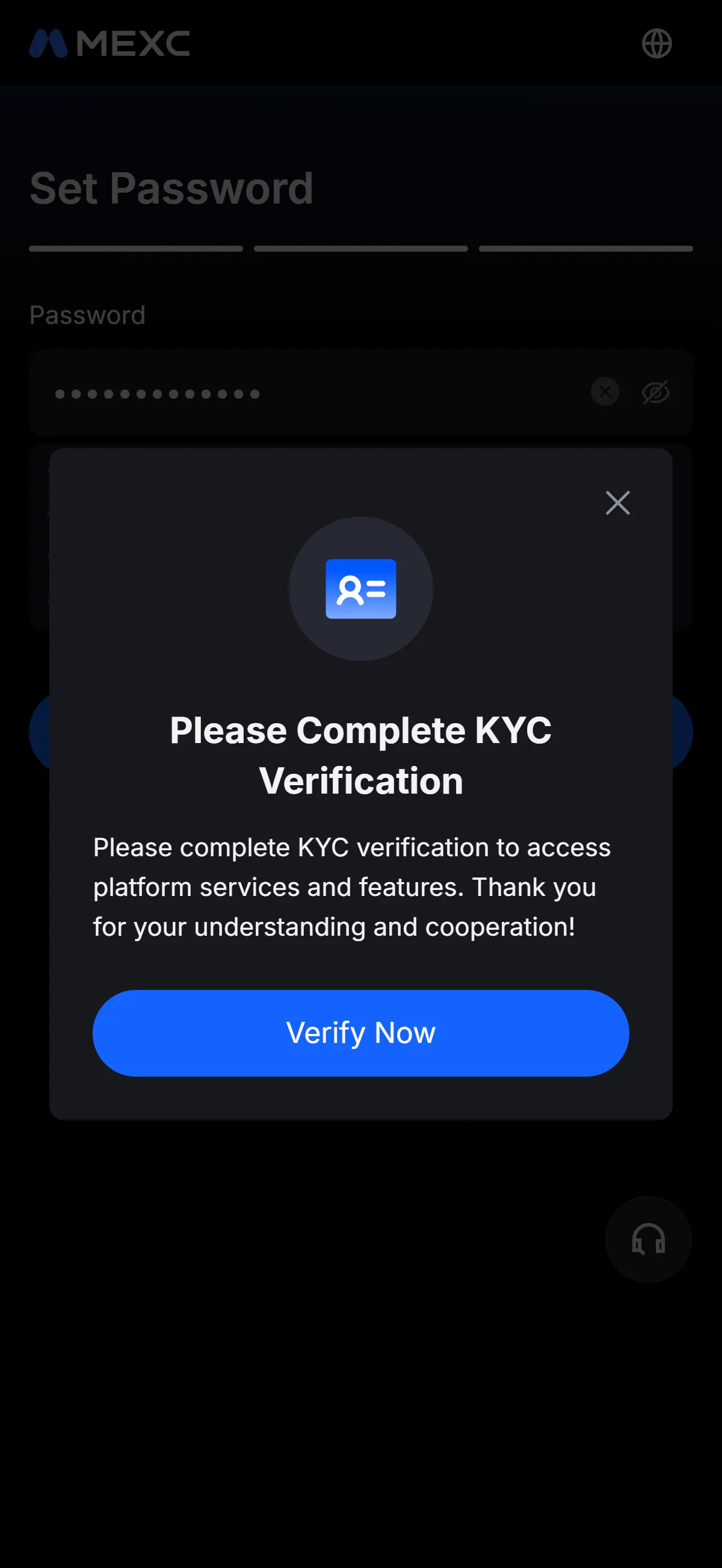 KYC prompt window