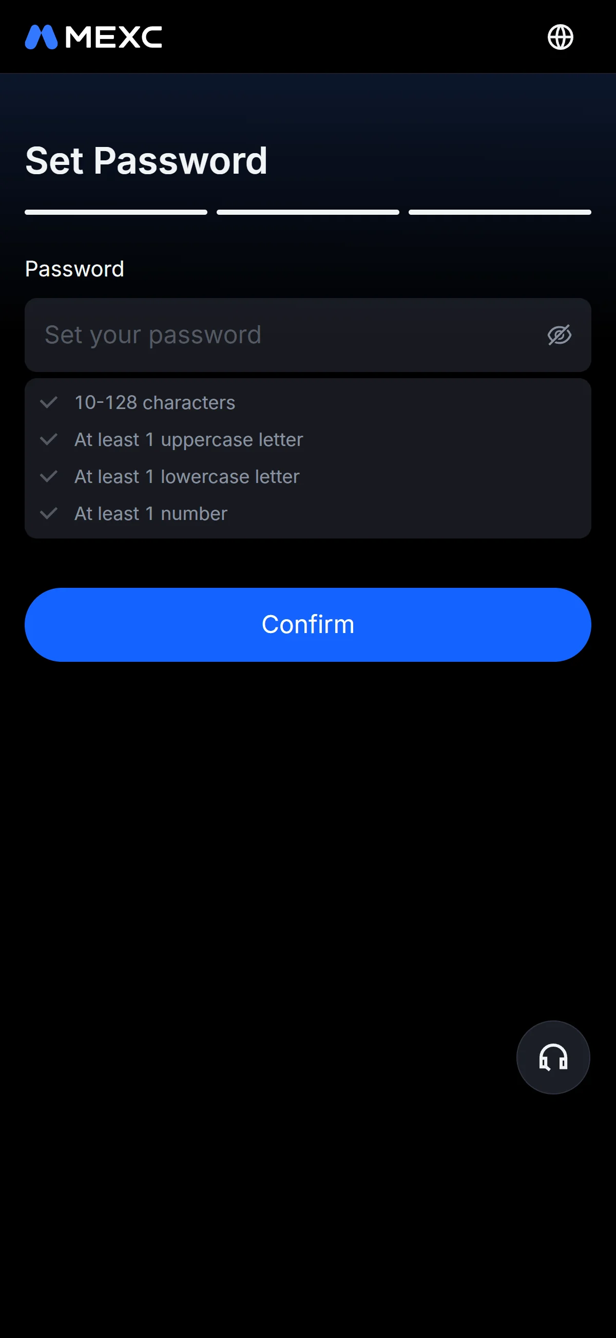 Set password screen