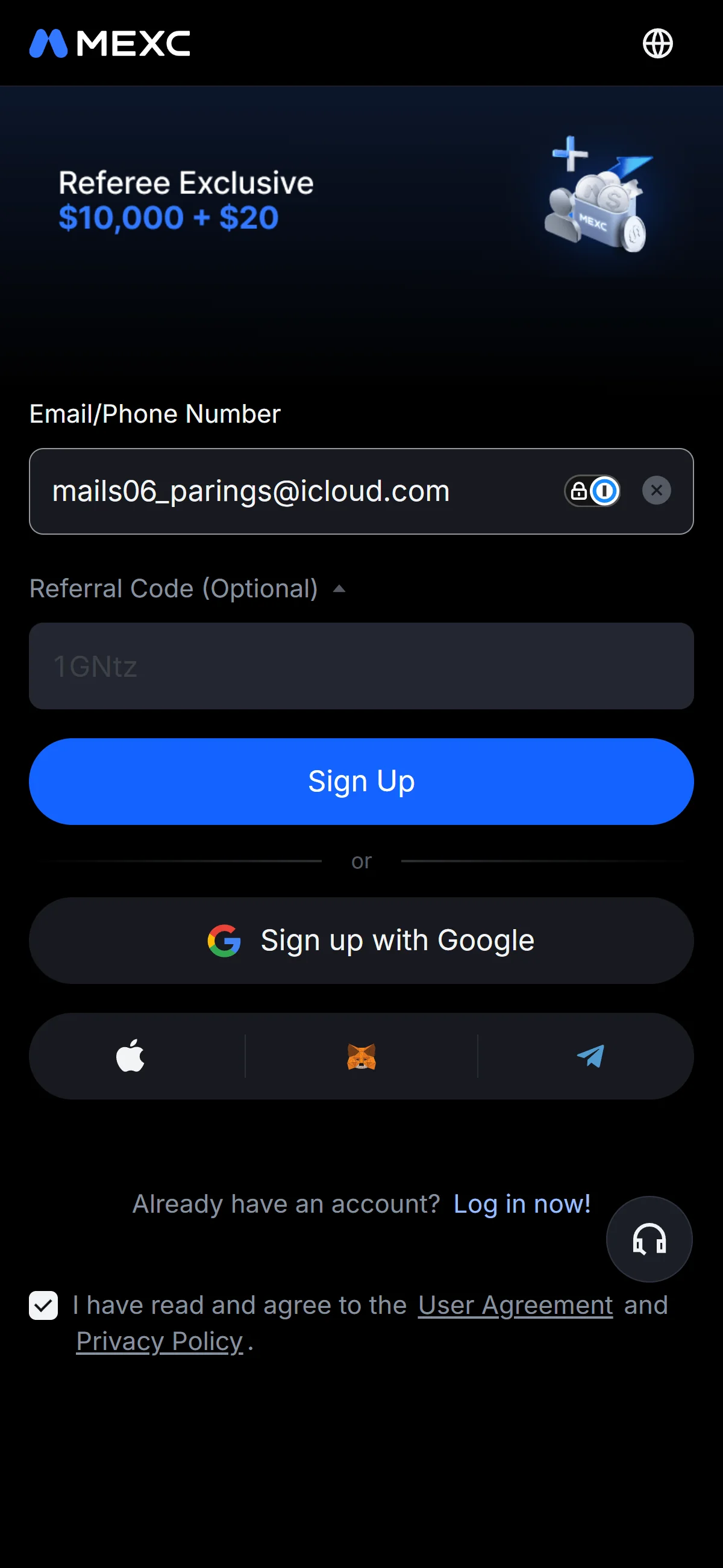 Sign-up form filled in