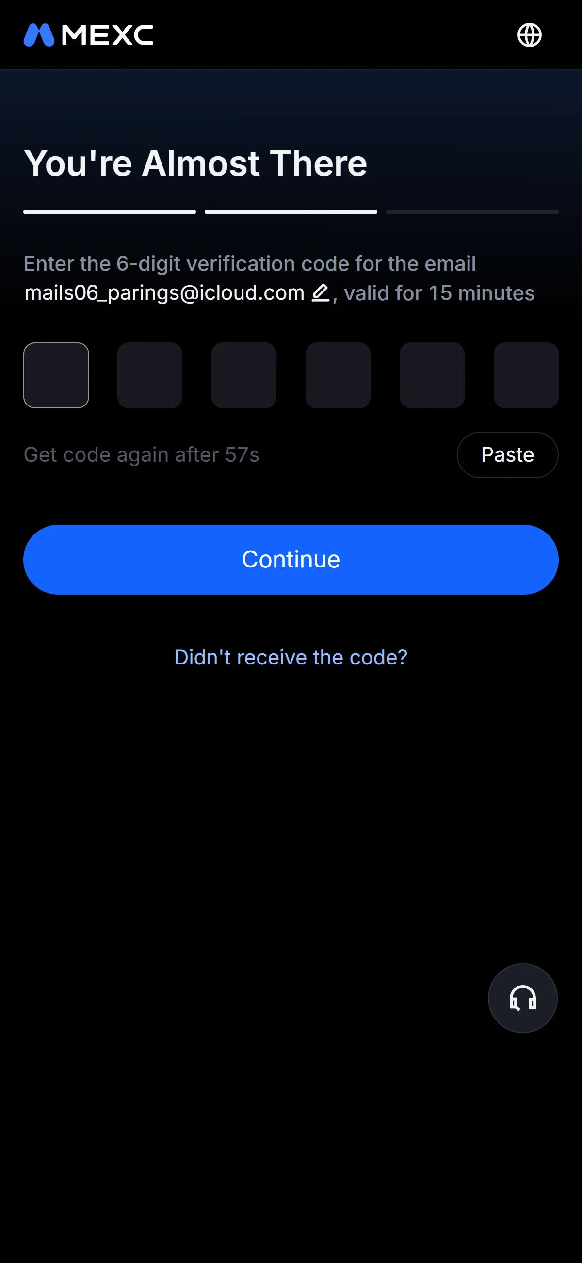Email code entry