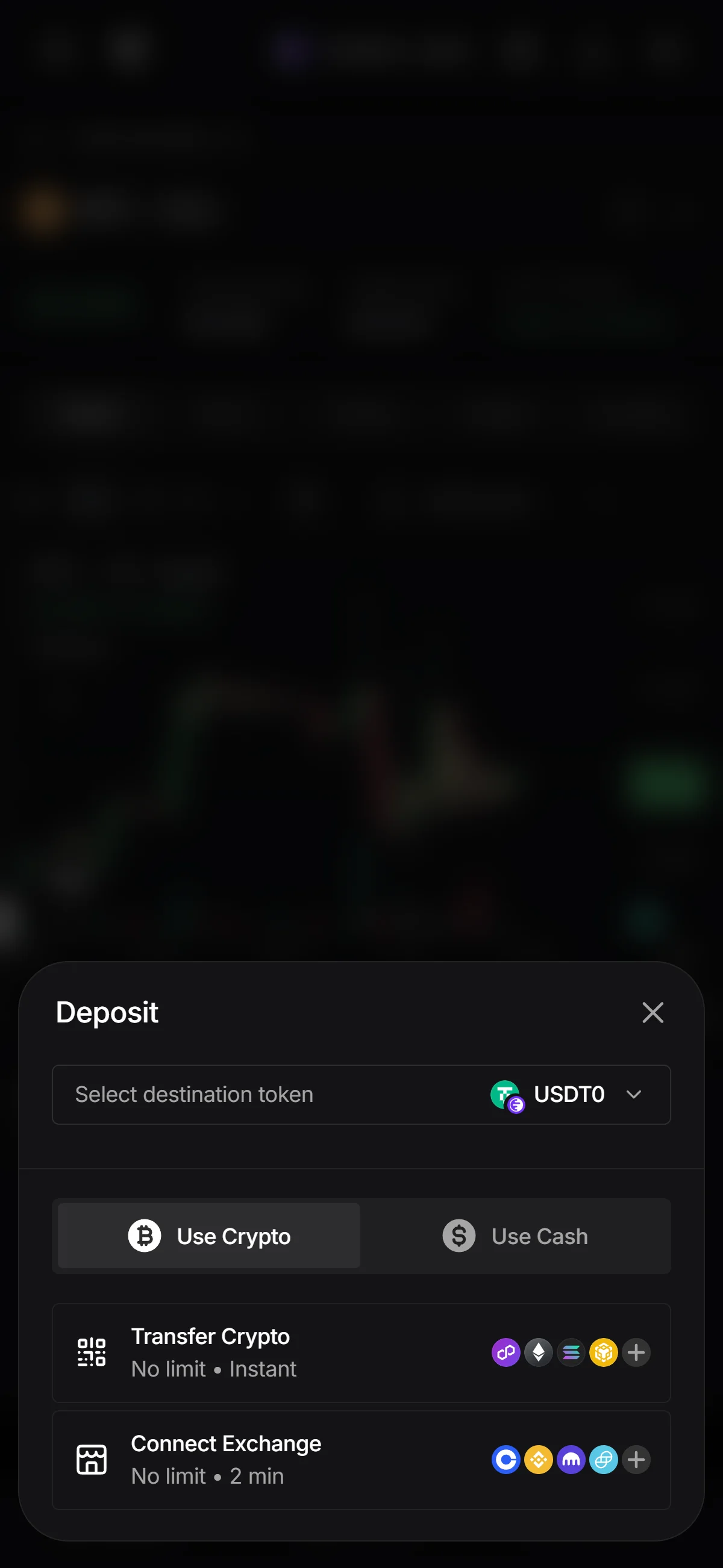 Deposit sheet, crypto routes
