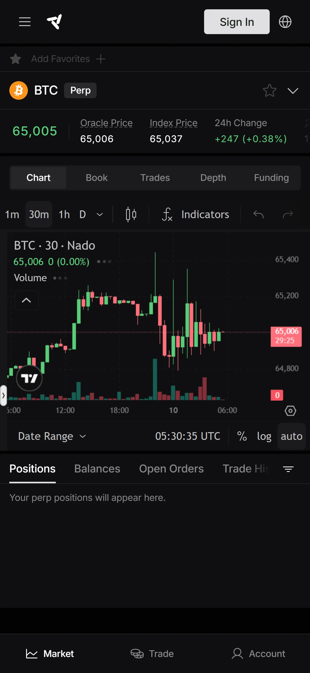 Mobile trading screen, signed out