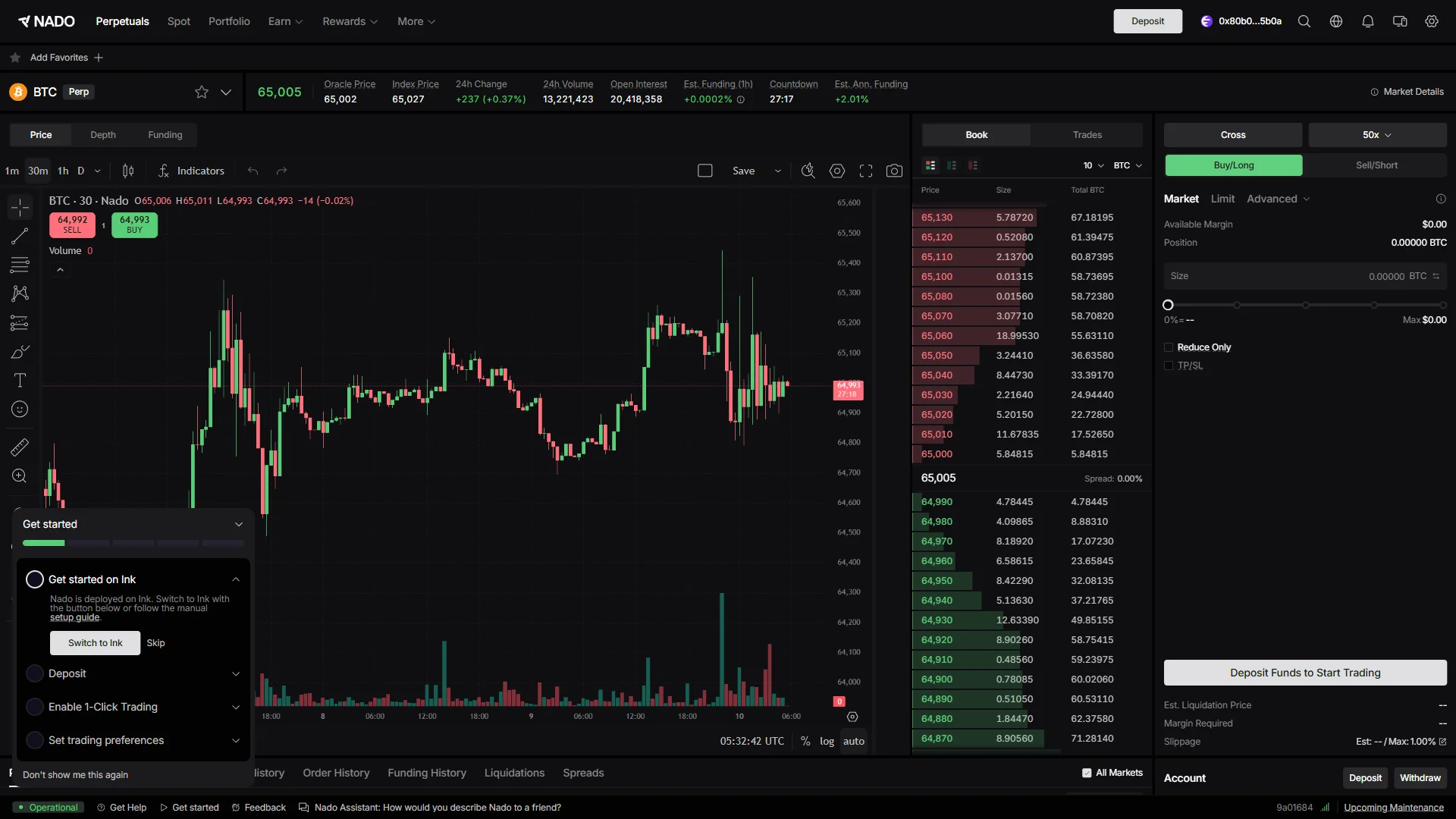 Trading screen, wallet connected