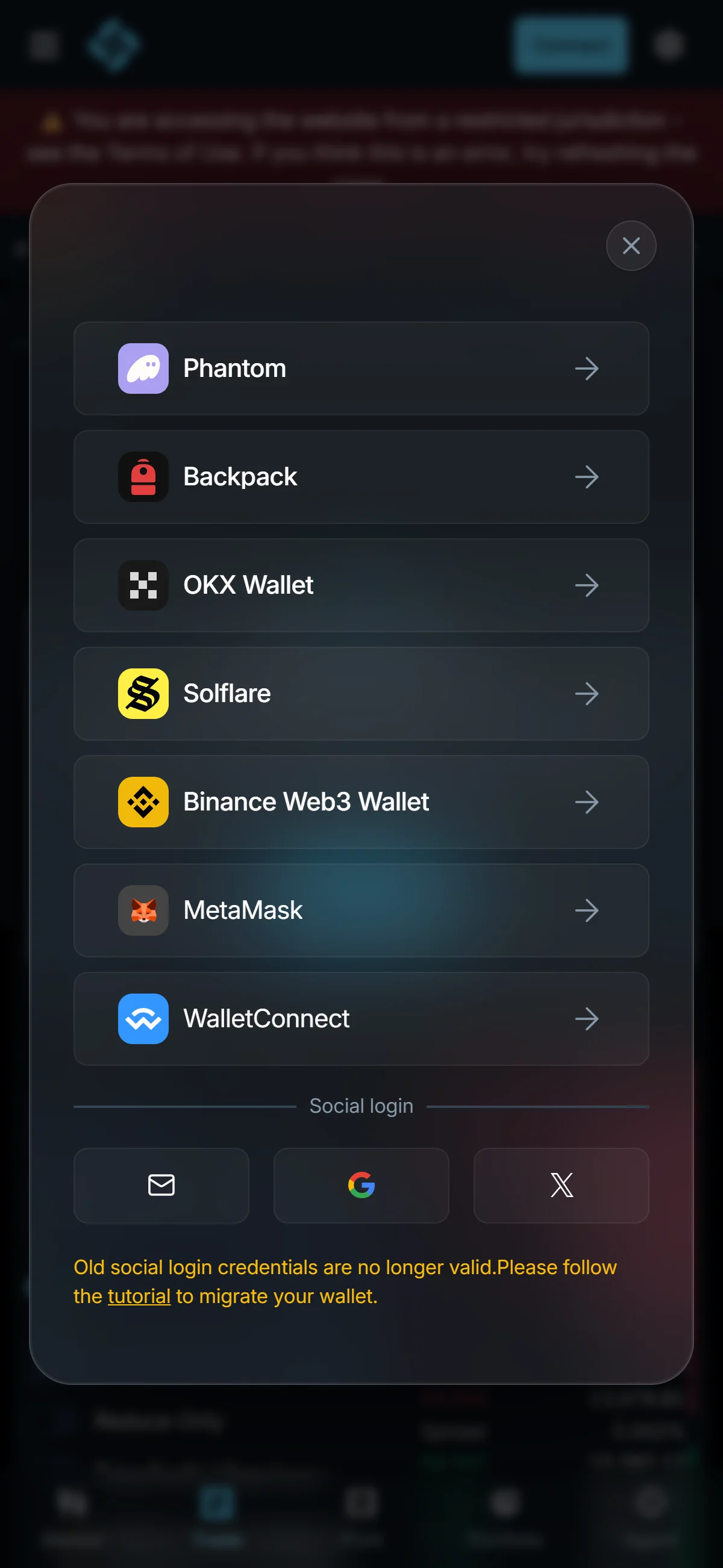 Wallet selection list