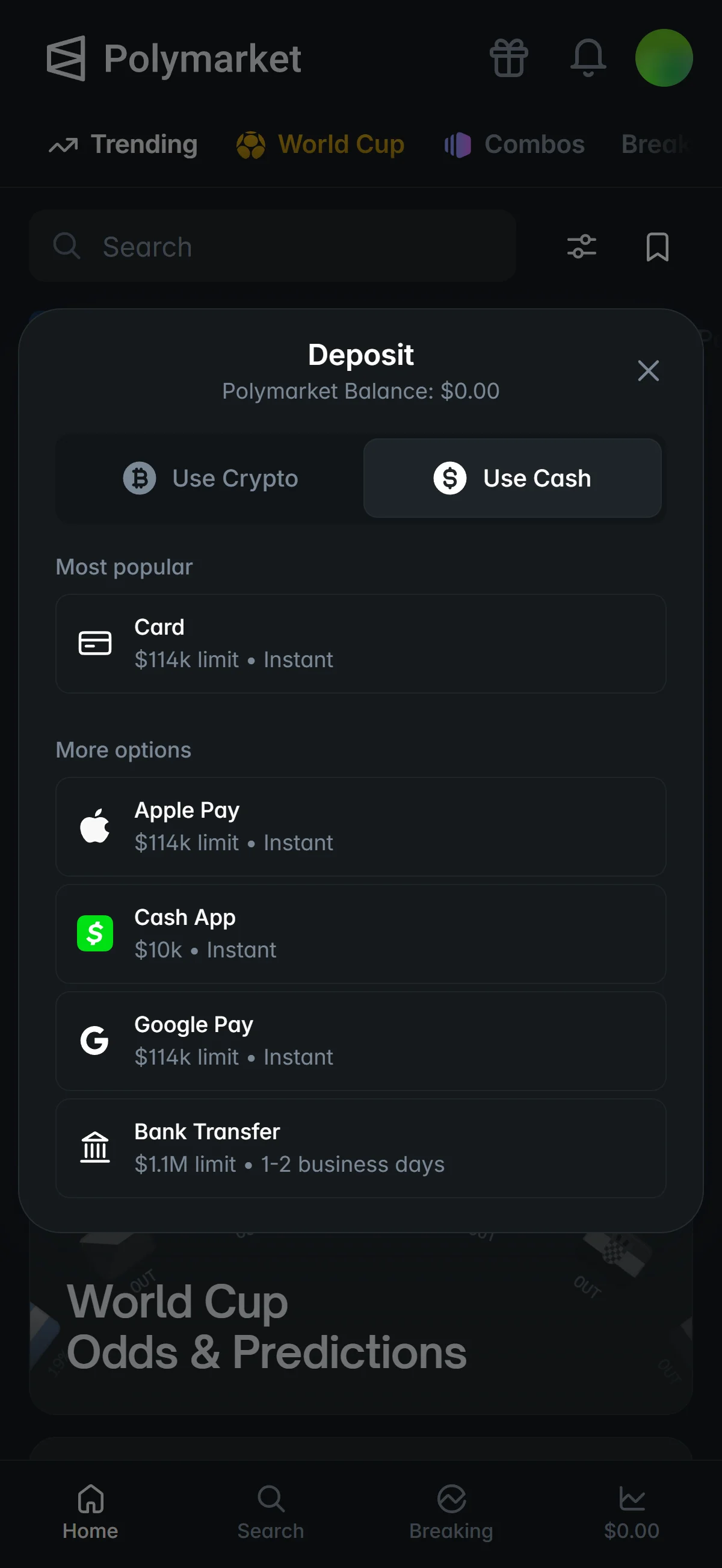 Deposit: cash options