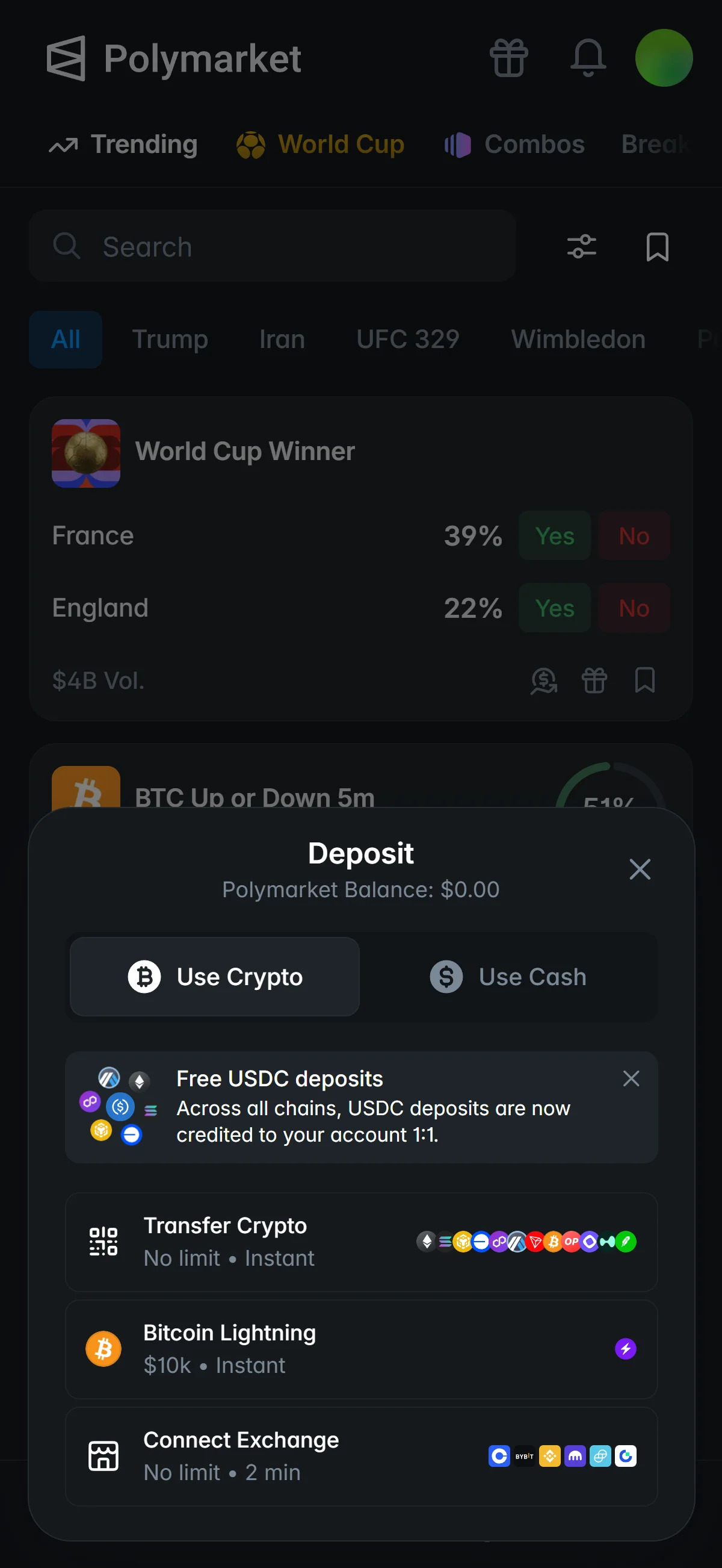 Deposit: crypto options
