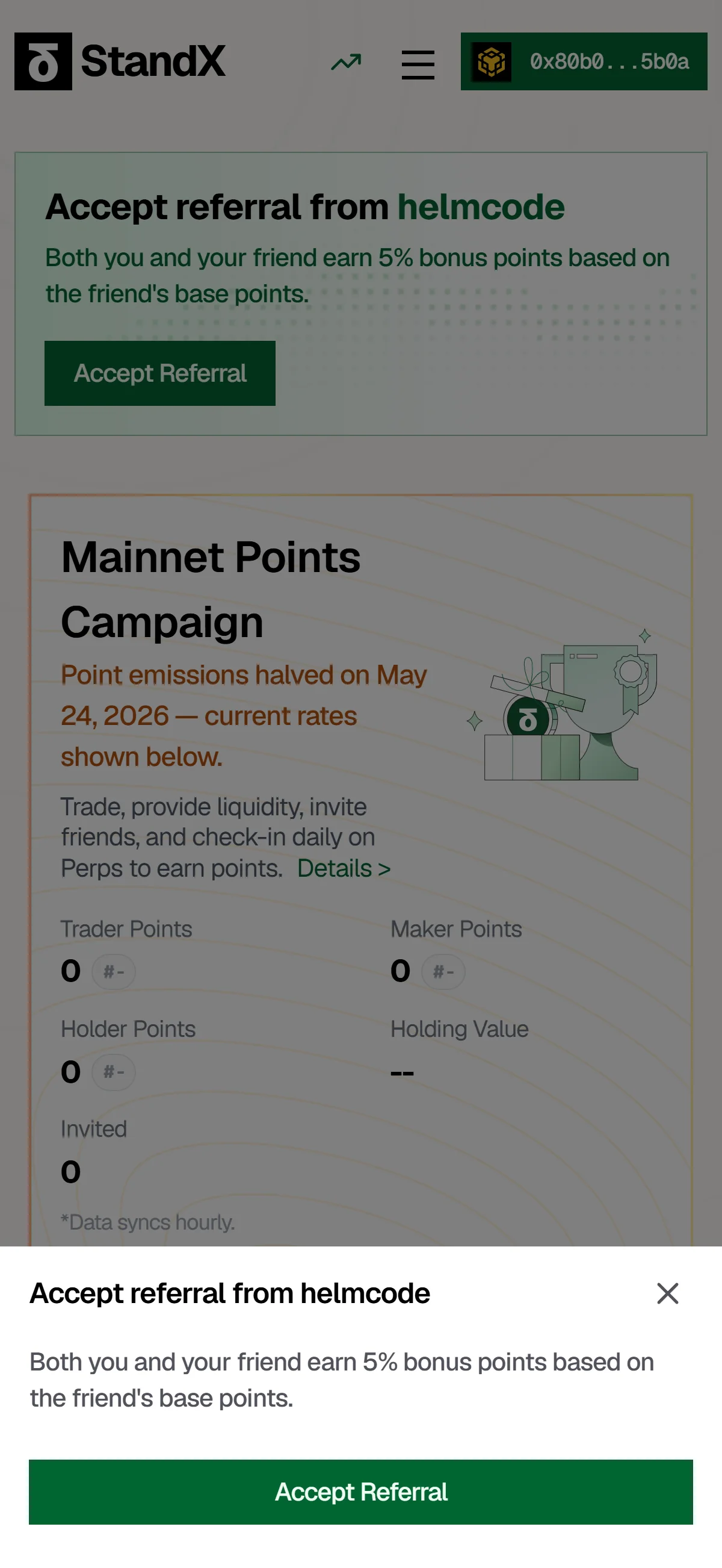 The "Accept referral from helmcode" modal restates the 5% bonus over a signed-in page.