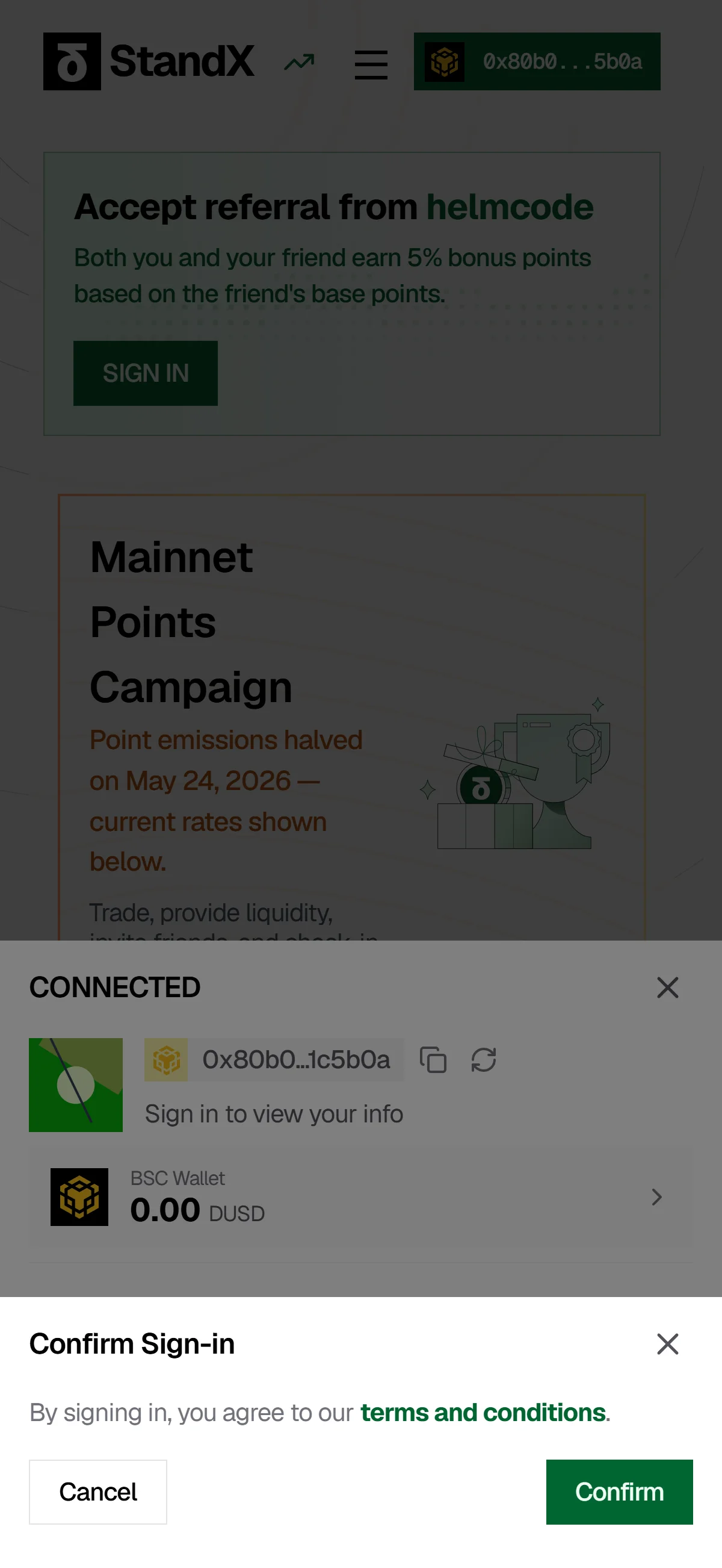 The "Confirm Sign-in" modal ties signing in to the linked "terms and conditions".